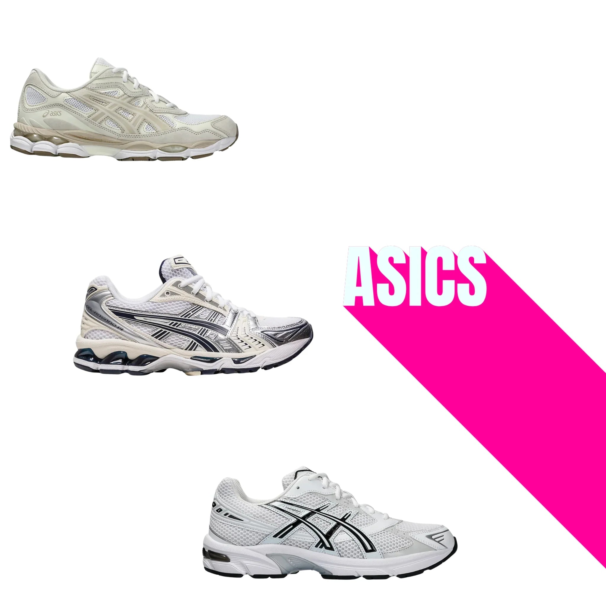 Baskets Asics Kayano 14, GEL NYC et GEL 1130 en vue latérale pour femme et homme – style rétro-tech tendance 2025 sur Pinkleon