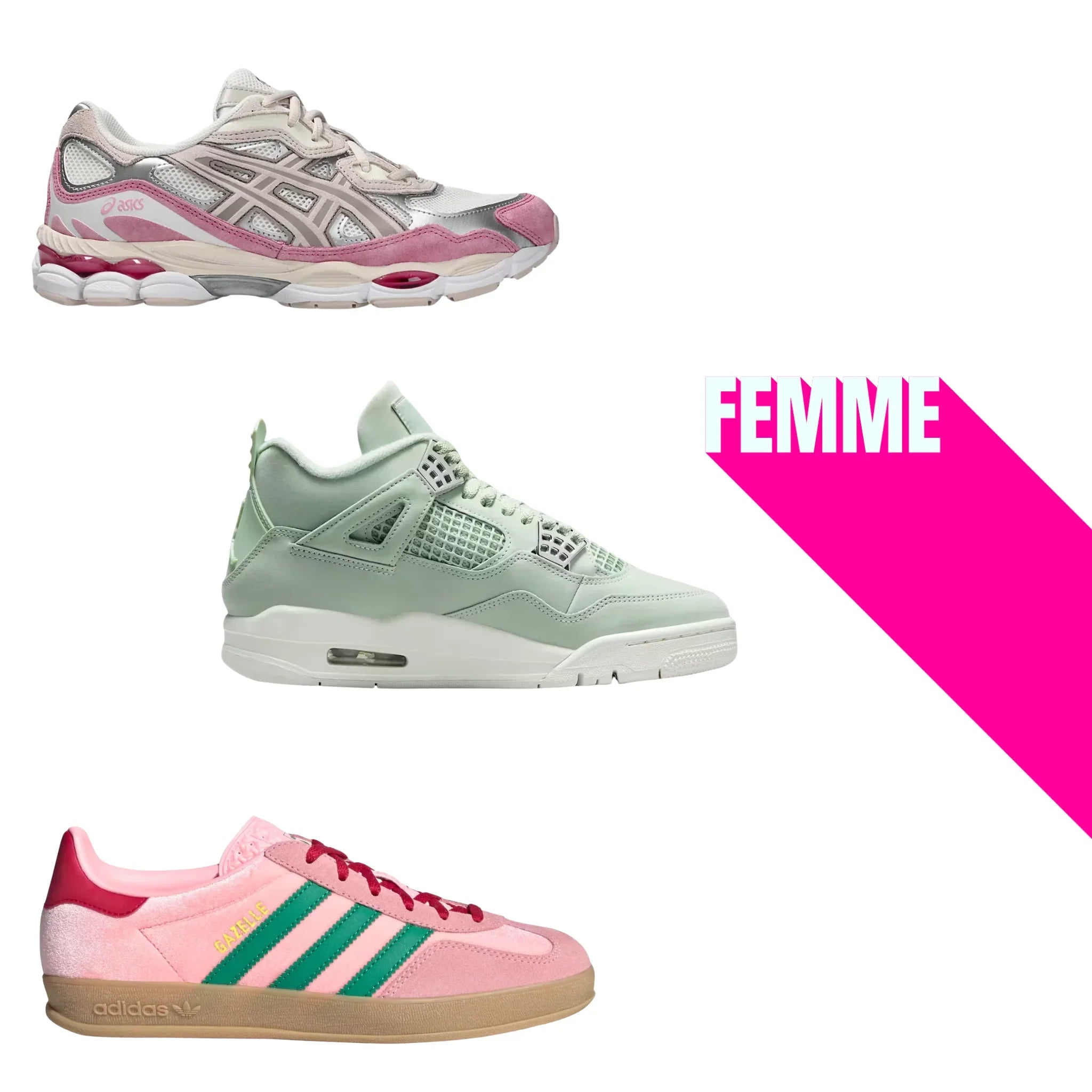 Baskets femme Adidas, ASICS et Jordan en vue latérale – modèles iconiques tendance 2025 sur Pinkleon