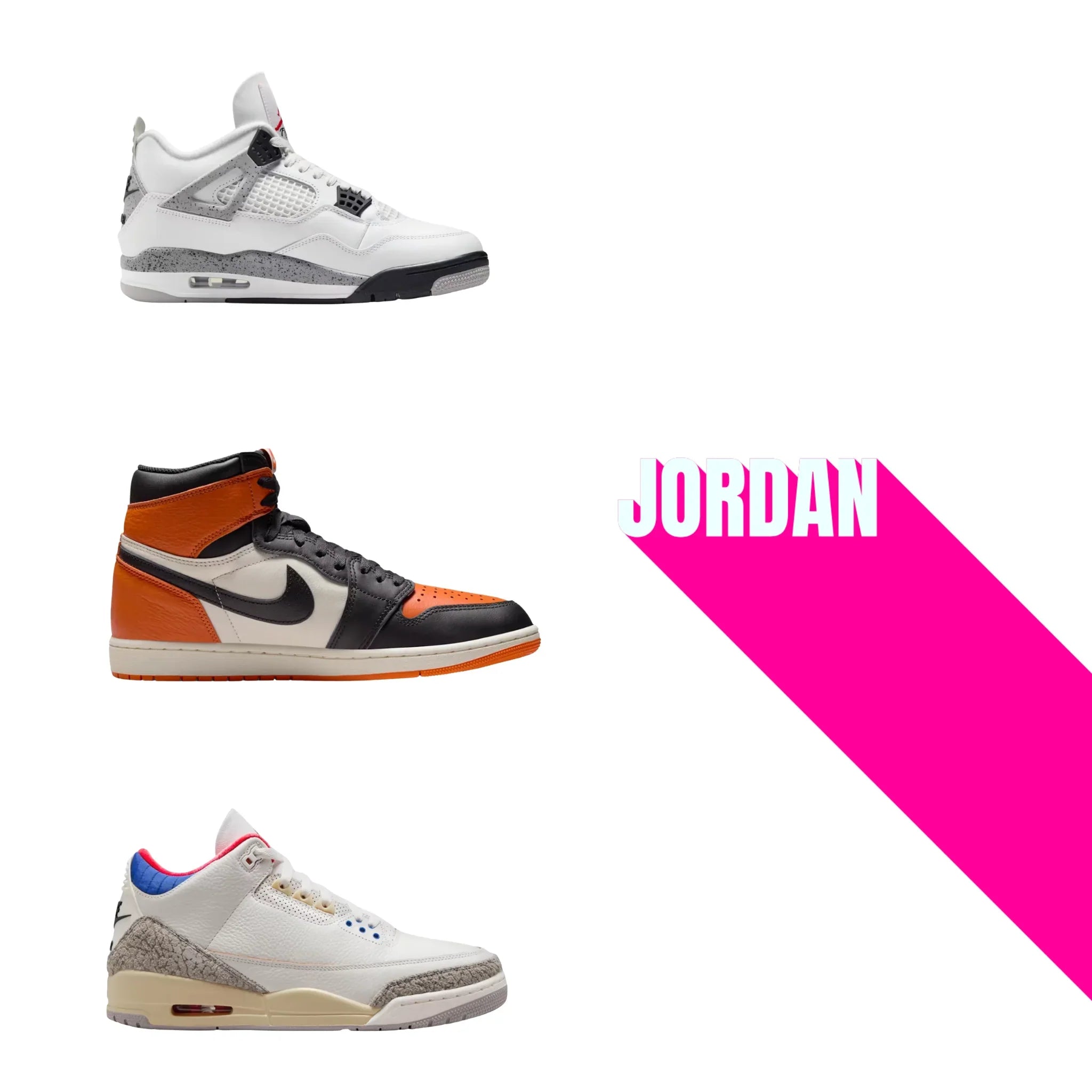 Baskets Jordan 1, Jordan 4 et Jordan 3 en vue latérale pour femme et homme – modèles iconiques tendance 2025 sur Pinkleon