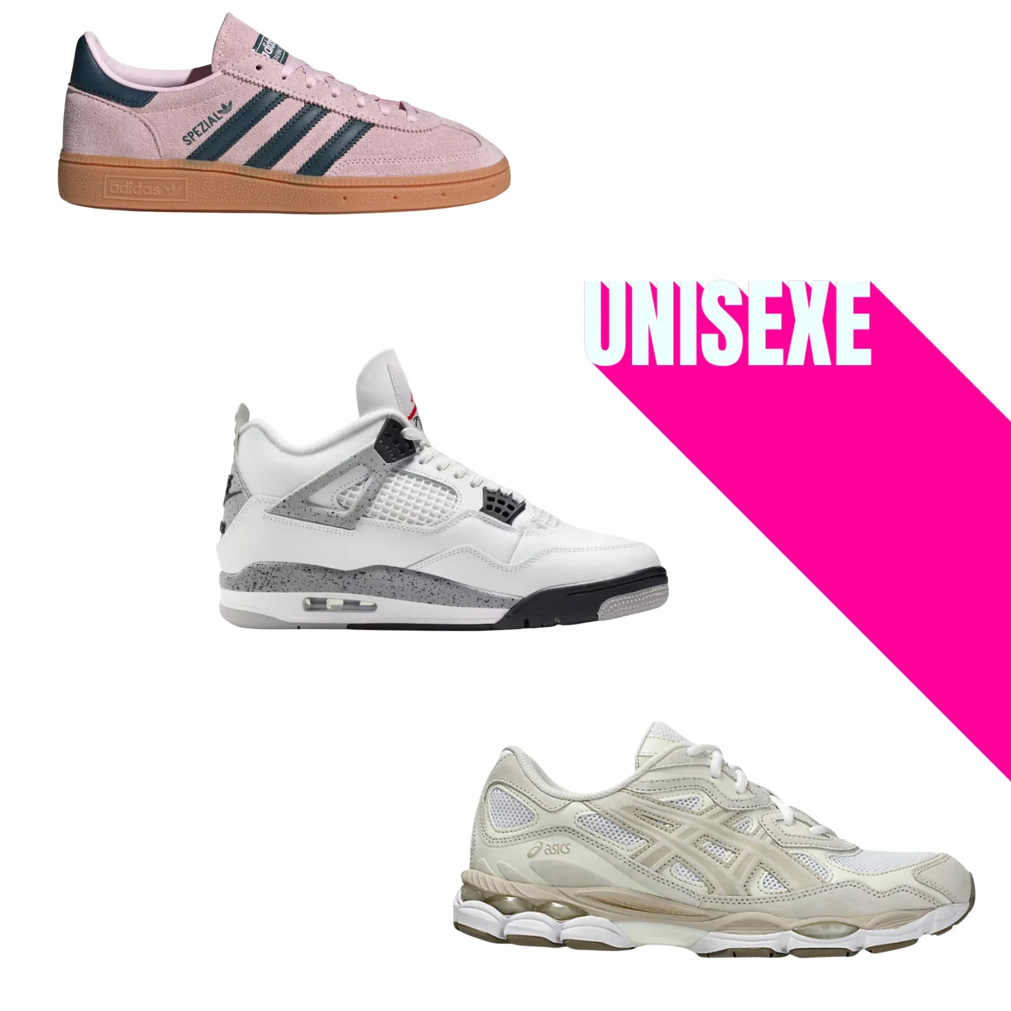 Baskets unisexe Adidas, ASICS et Jordan en vue latérale pour femme et homme – style urbain tendance 2025 sur Pinkleon