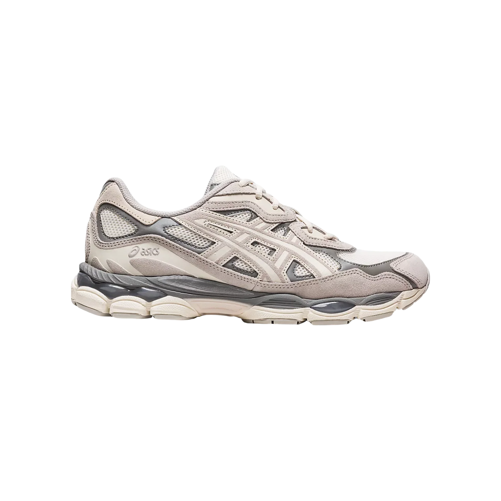 ASICS GEL NYC Cream & Oyster Grey – vue latérale des baskets rétro-tech en cuir avec semelle gomme et amorti GEL™