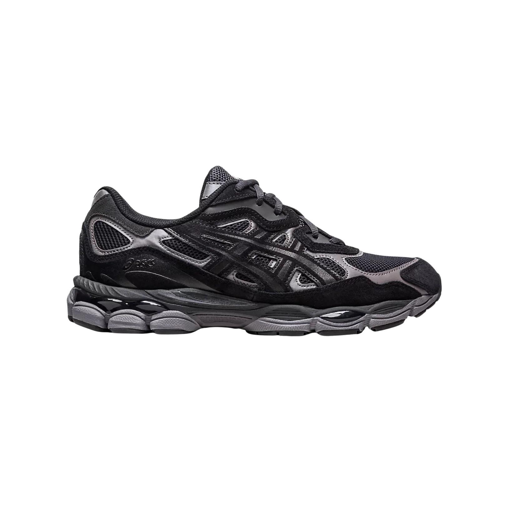 ASICS GEL NYC Graphite Grey Black – vue latérale des baskets rétro-tech en cuir et synthétique avec amorti GEL et semelle gomme
