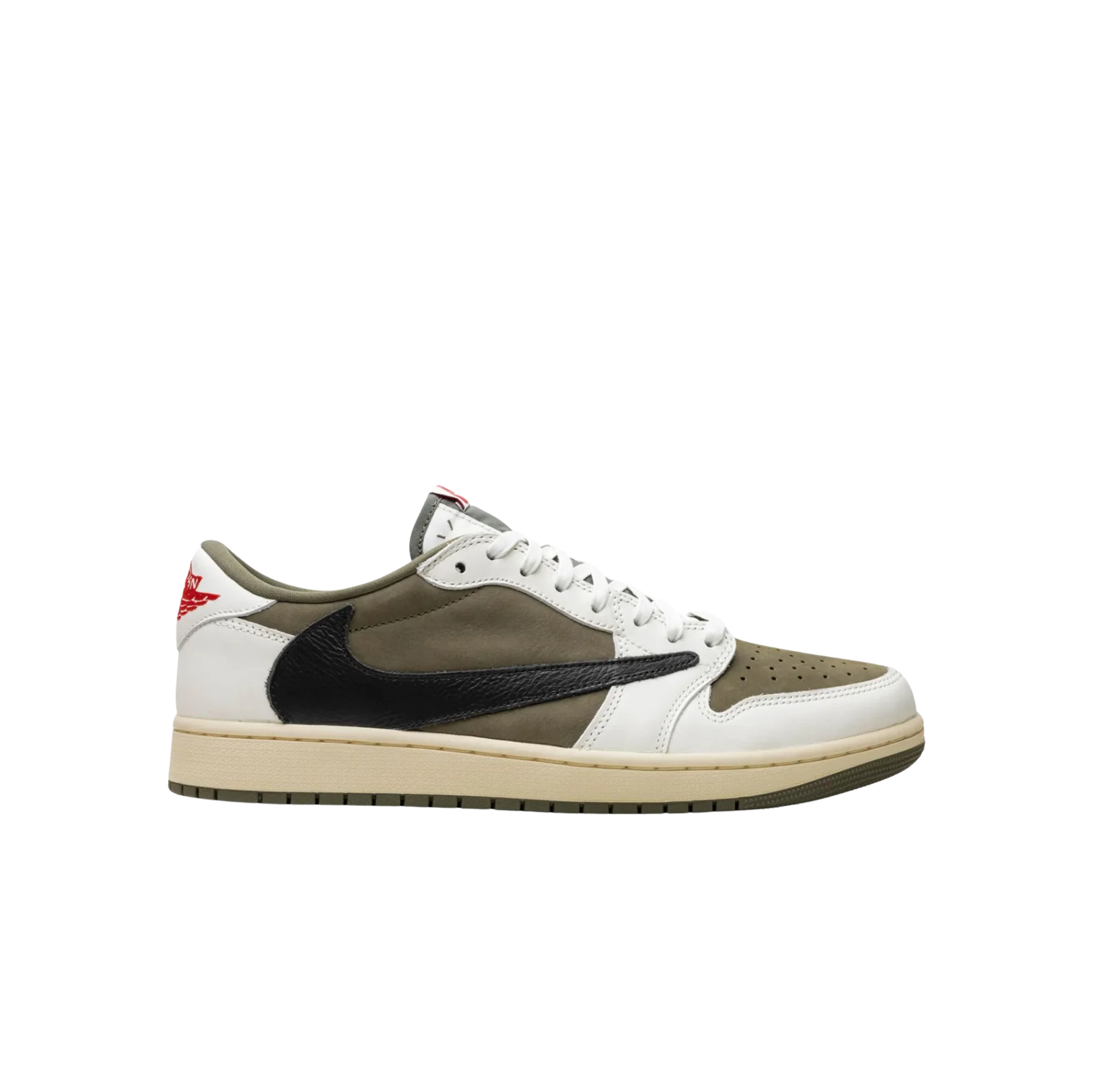 Jordan 1 Travis Scott Medium Olive – vue latérale des baskets rétro en cuir et suède avec Swoosh inversé noir et semelle gomme