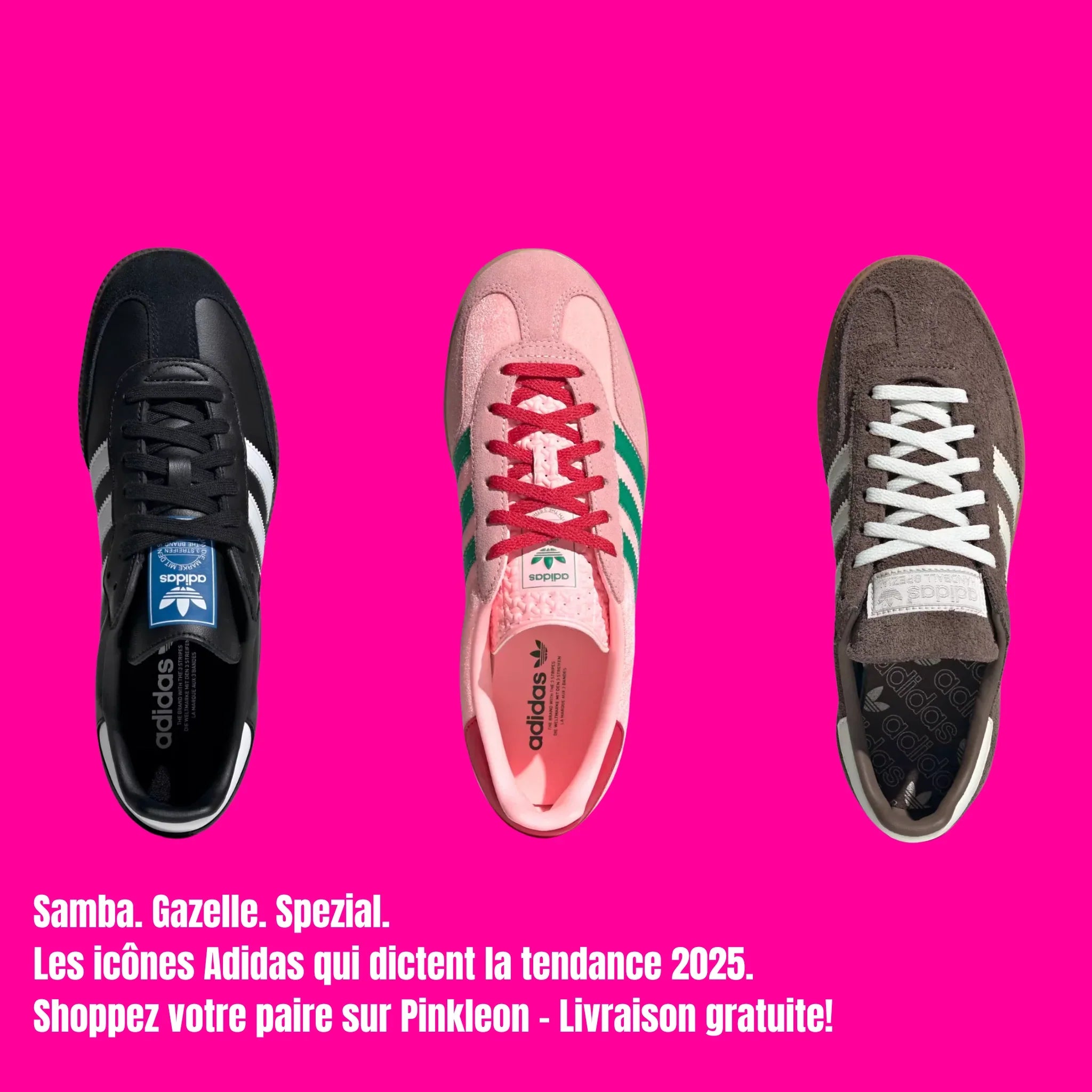 Adidas Samba, Adidas Gazelle et Adidas Spezial vues de dessus – baskets rétro emblématiques Adidas tendance 2025 sur fond rose vif