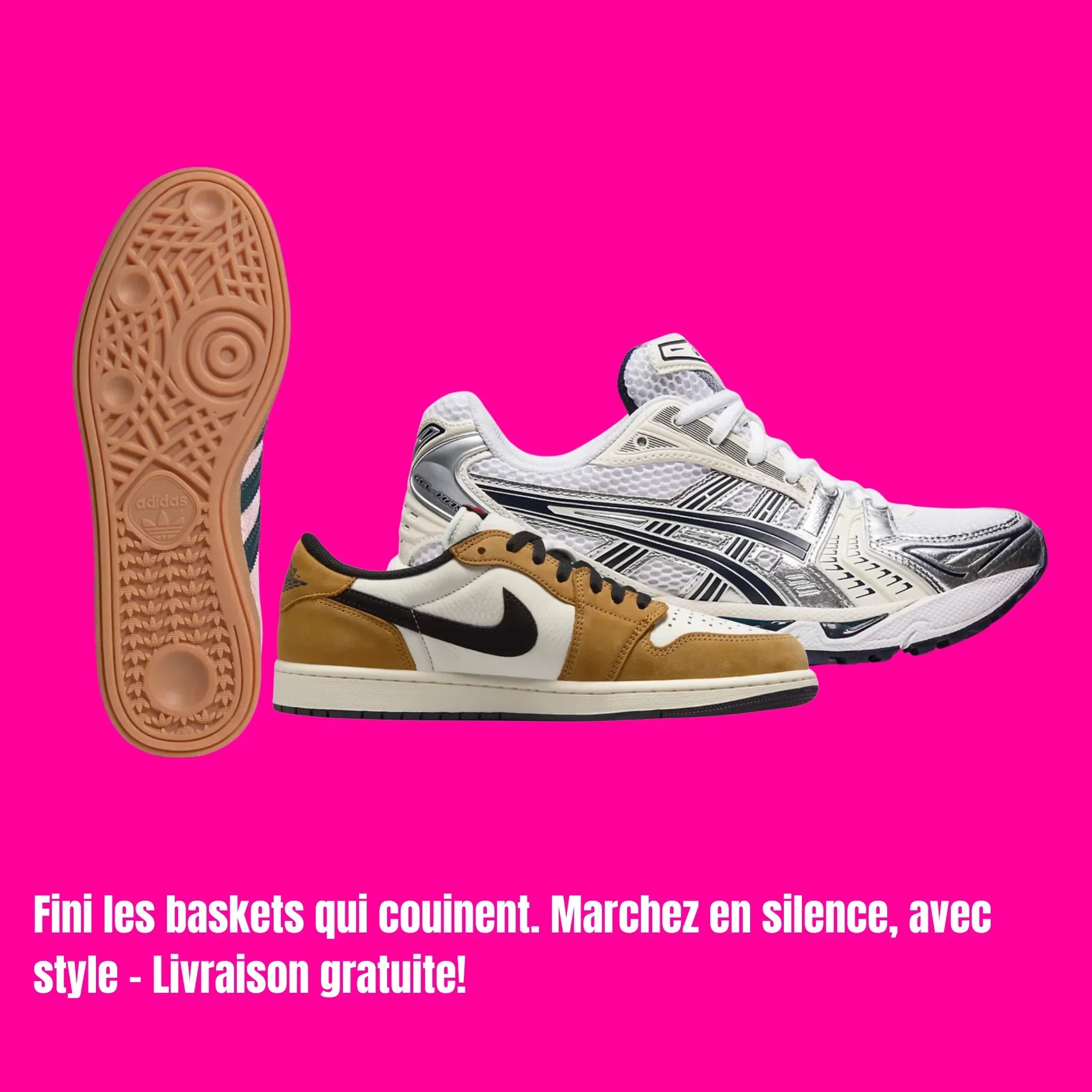 Baskets silencieuses Adidas, Asics et Jordan en vue latérale et semelle – solutions contre les baskets qui couinent, sélection Pinkleon 2025.