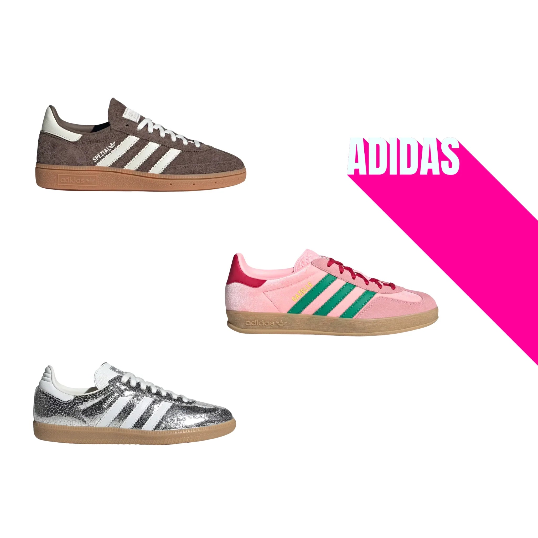 Baskets Adidas Spezial, Samba et Gazelle en vue latérale pour femme et homme – collection tendance 2025 sur Pinkleon
