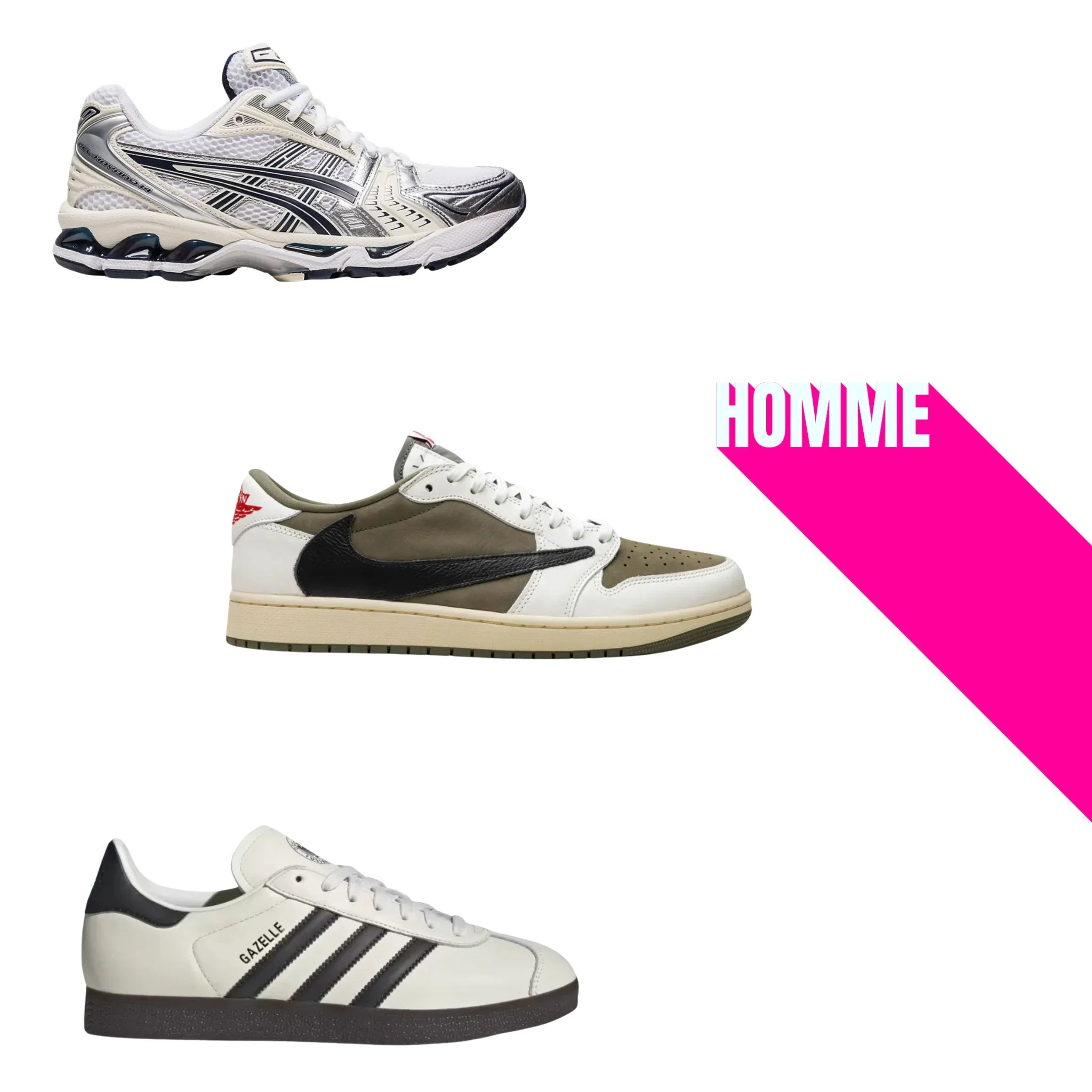 Baskets homme Adidas, ASICS et Jordan en vue latérale – modèles emblématiques tendance 2025 sur Pinkleon