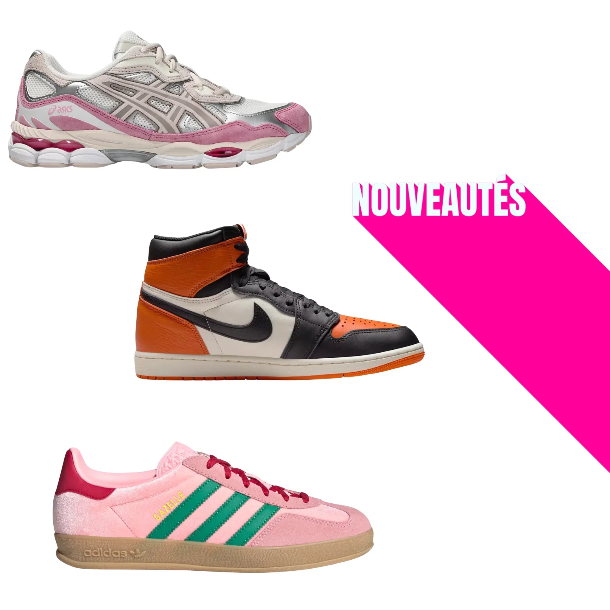 Nouveautés baskets Adidas, ASICS et Jordan en vue latérale pour femme et homme – modèles tendance 2025 sur Pinkleon