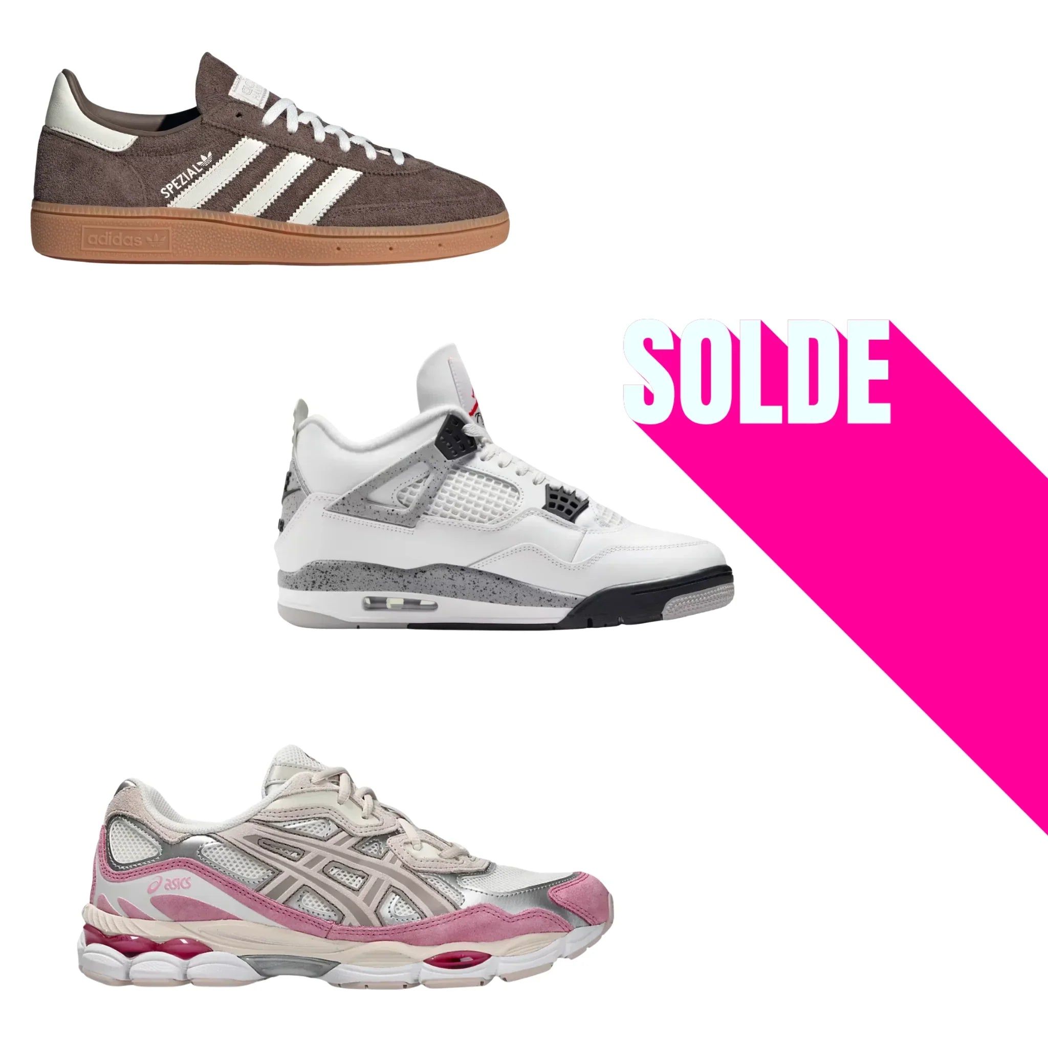 Soldes baskets Adidas, ASICS et Jordan en vue latérale pour femme et homme – modèles iconiques à prix réduits sur Pinkleon