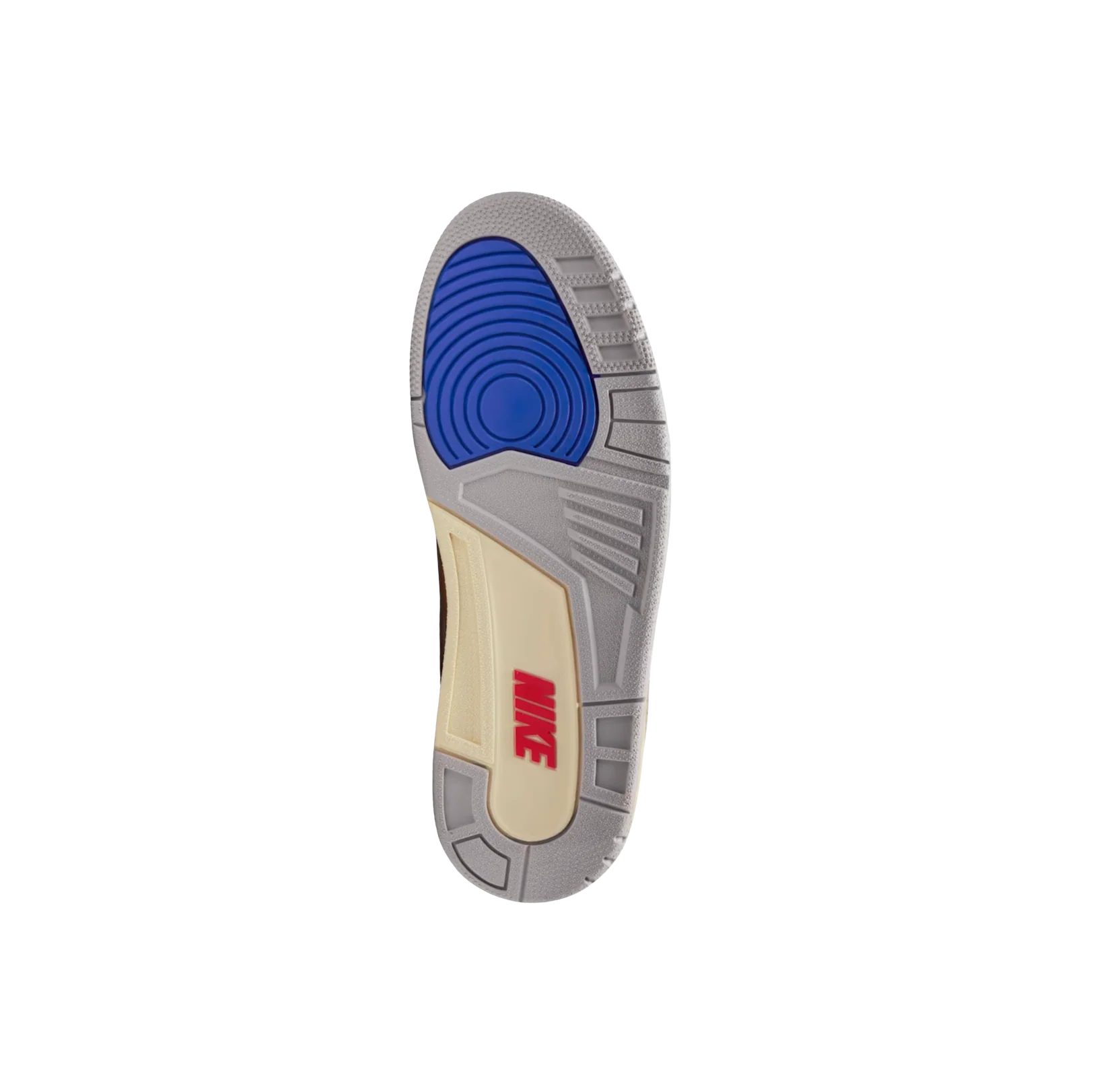 Jordan 3 Retro Seoul 2.0 – vue semelle des baskets en cuir avec logo Nike rouge, détails en gomme grise et zones d’adhérence bleue