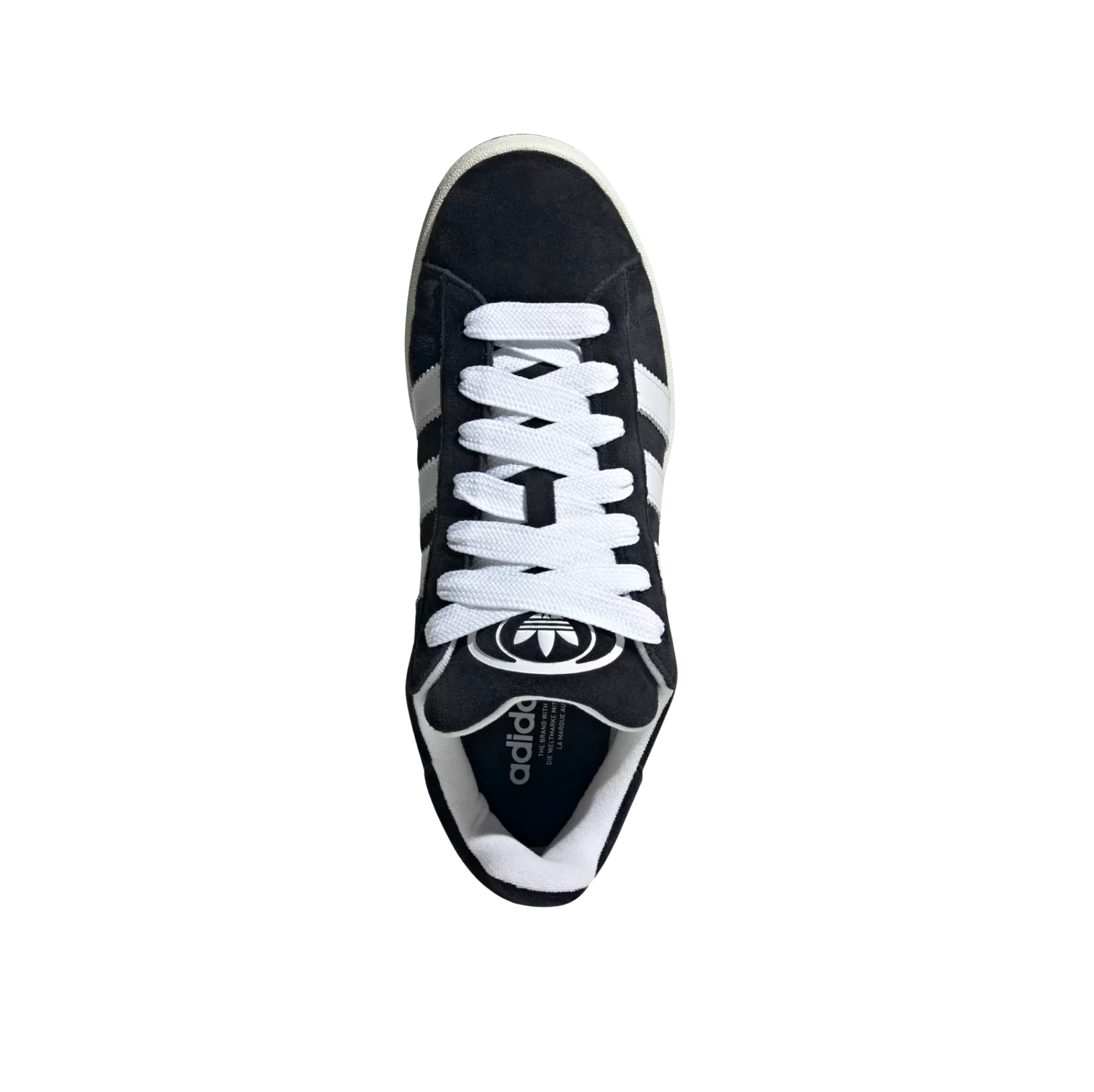 Adidas Campus Core Black – vue du dessus des baskets rétro en cuir noir avec lacets blancs et doublure éponge
