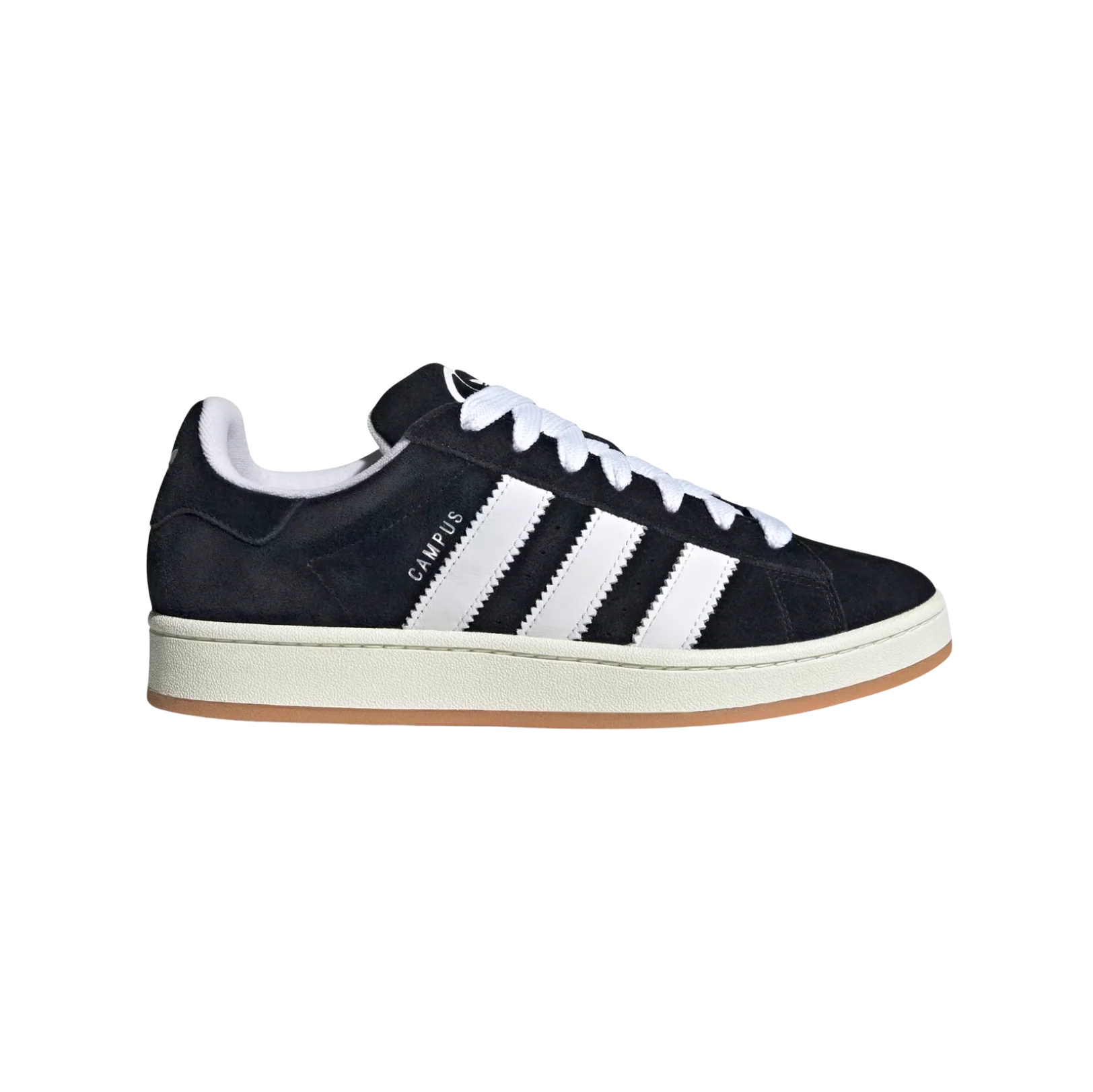 Adidas Campus Core Black – vue latérale des baskets rétro en cuir avec 3 bandes blanches et semelle blanc cassé