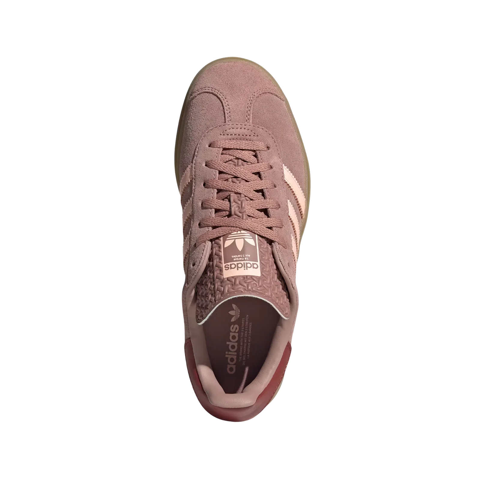 Adidas Gazelle Bold Clay – vue dessus des baskets rétro en suède avec semelle plateforme gomme et 3 bandes orange vif
