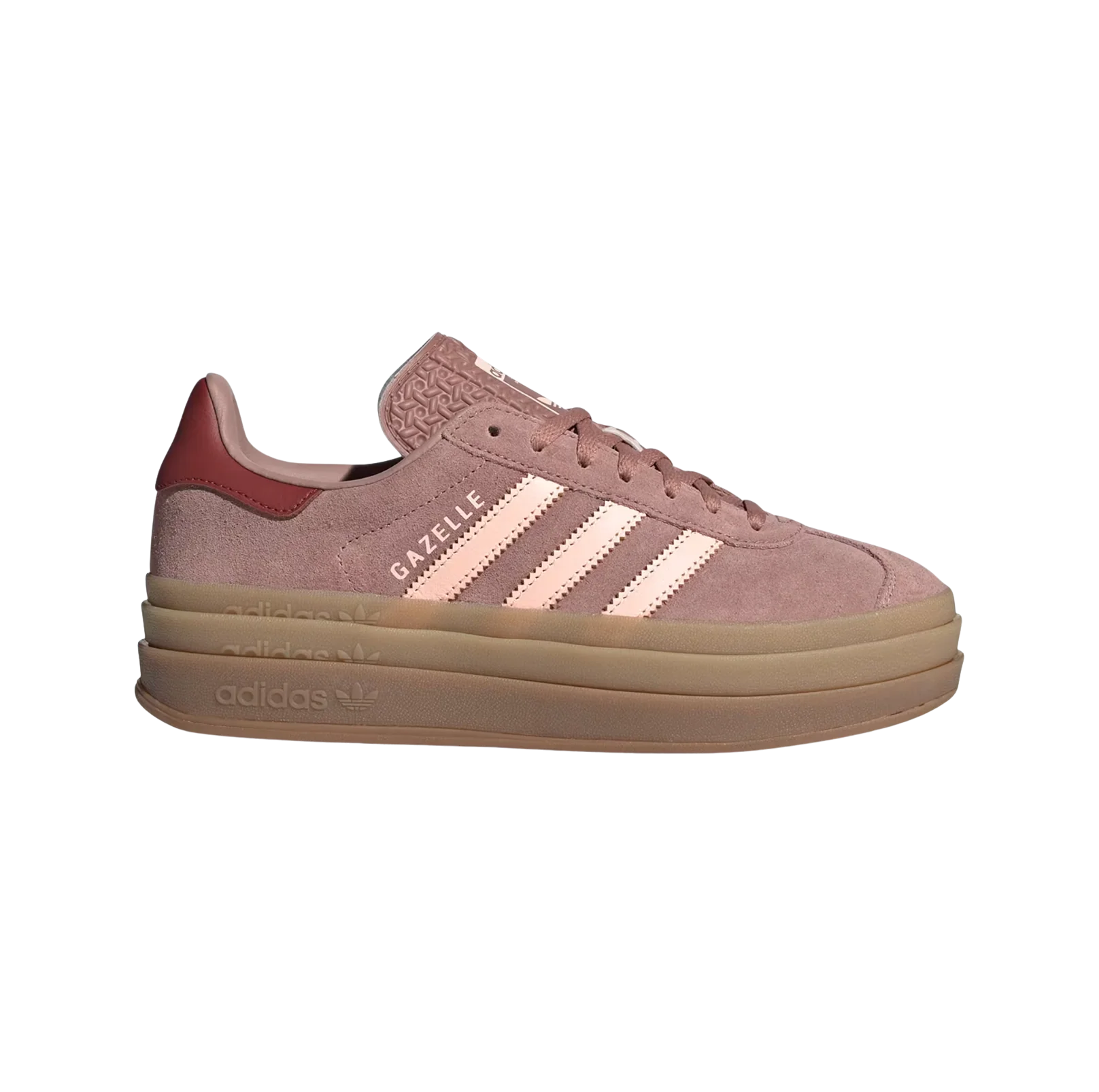 Adidas Gazelle Bold Clay – vue latérale des baskets rétro en suède avec semelle plateforme gomme et 3 bandes orange vif