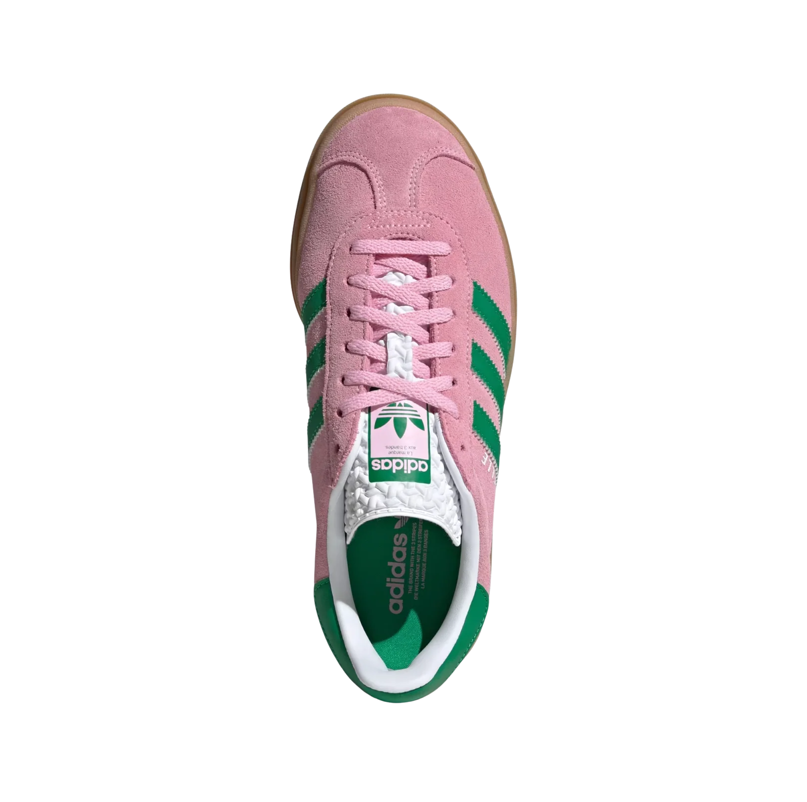 Adidas Gazelle Bold True Pink – vue dessus des baskets rétro en suède avec semelle plateforme gomme et bandes vertes