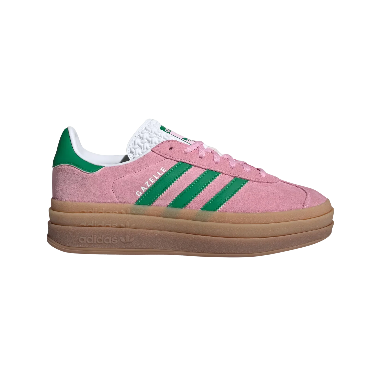 Adidas Gazelle Bold True Pink – vue latérale des baskets rétro en suède avec semelle plateforme gomme et bandes vertes