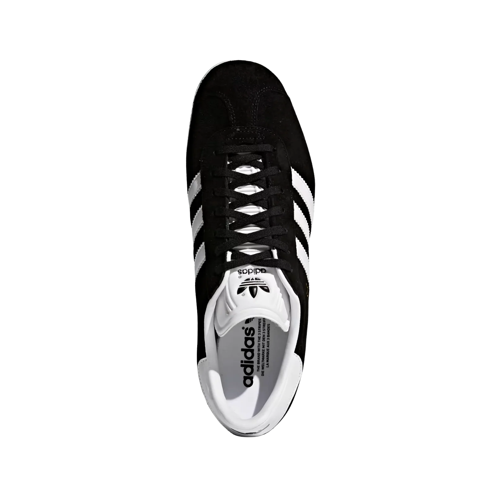 Adidas Gazelle Core Black – vue dessus des baskets rétro en nubuck avec semelle gomme et bandes blanches