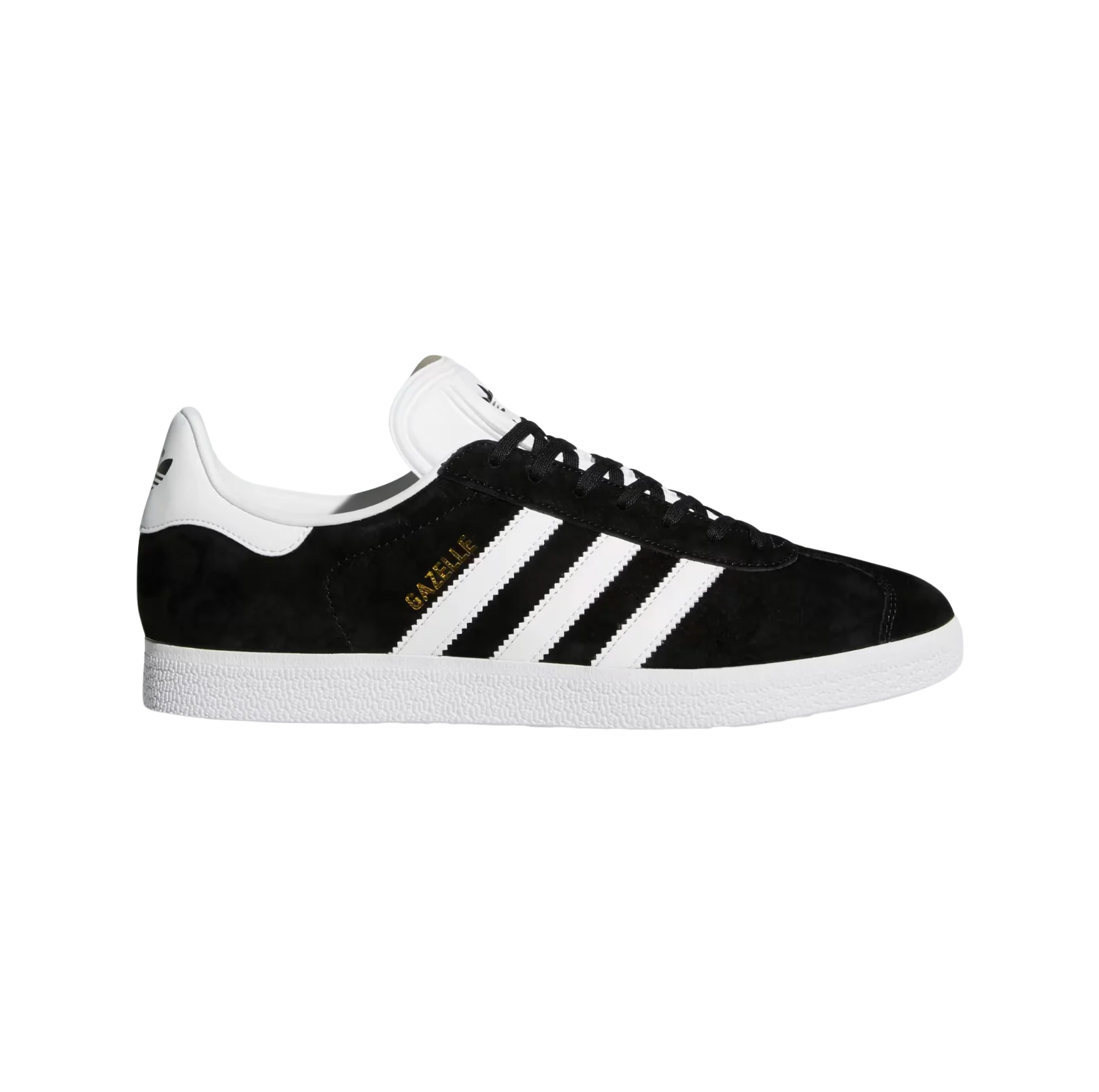 didas Gazelle Core Black – vue latérale des baskets rétro en nubuck avec semelle gomme et bandes blanches