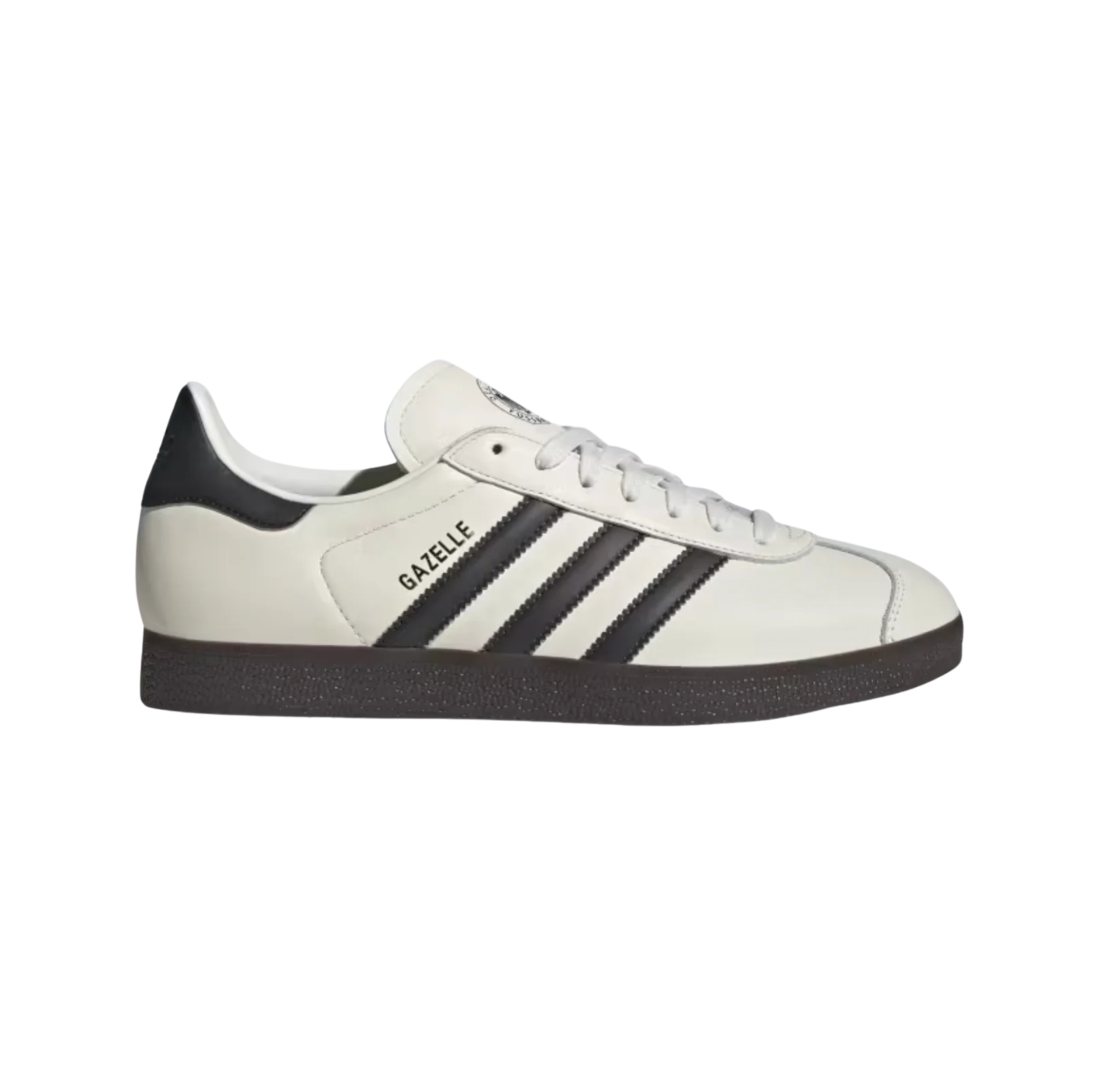 Adidas Gazelle DFB Off White – vue latérale des baskets rétro en cuir avec semelle gomme, bandes noires et logo DFB


