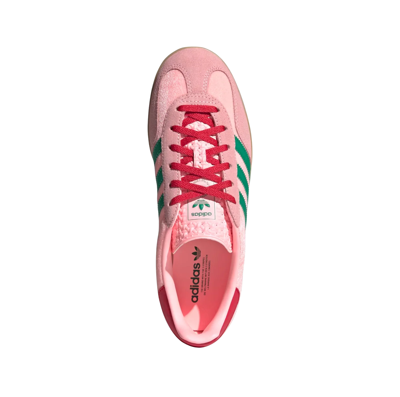 Adidas Gazelle Indoor Glow Pink – vue dessus des baskets rétro en velours rose avec semelle gomme et bandes vertes