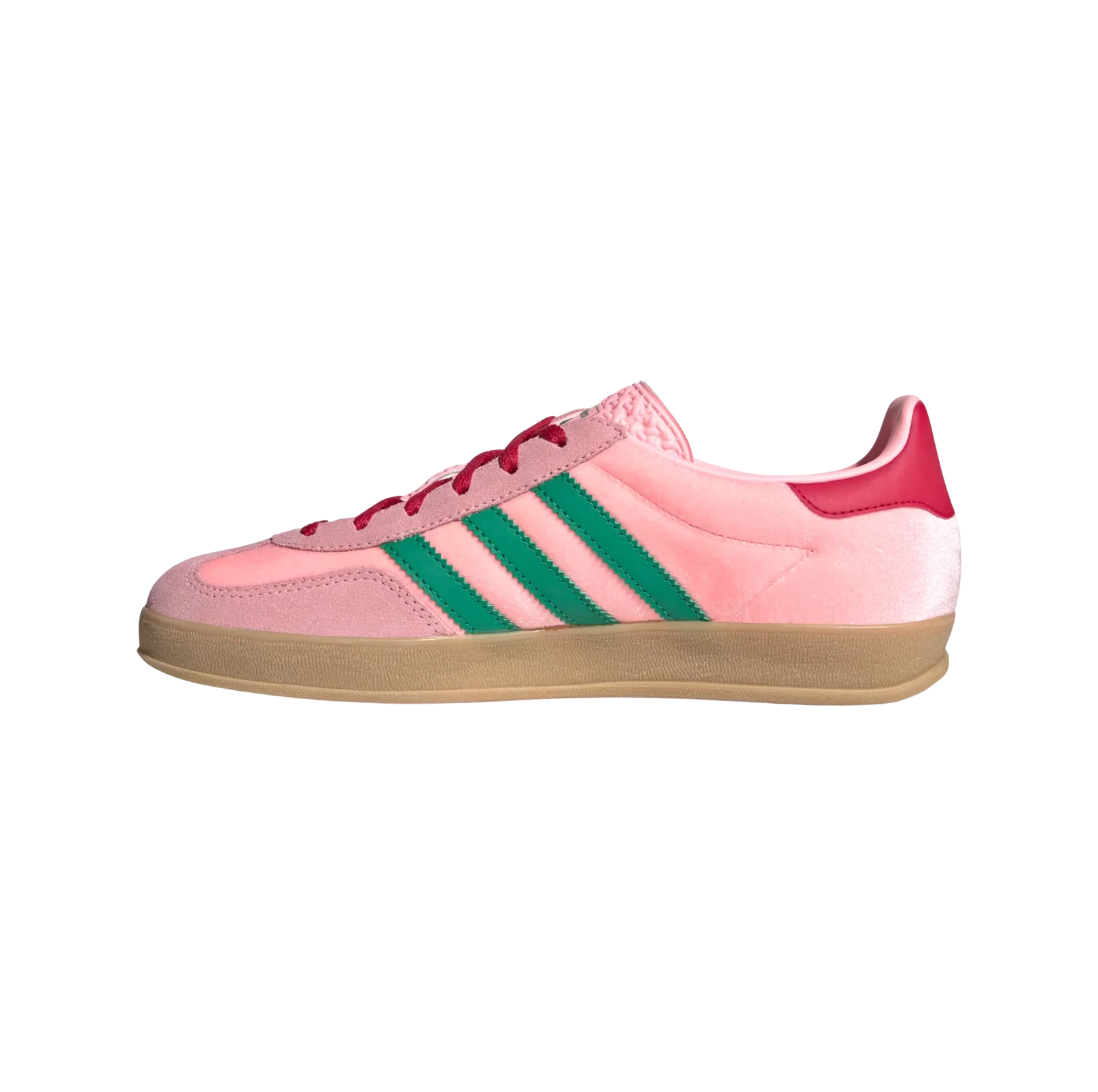Adidas Gazelle Indoor Glow Pink – vue latérale opposée des baskets rétro en velours rose avec semelle gomme et bandes vertes