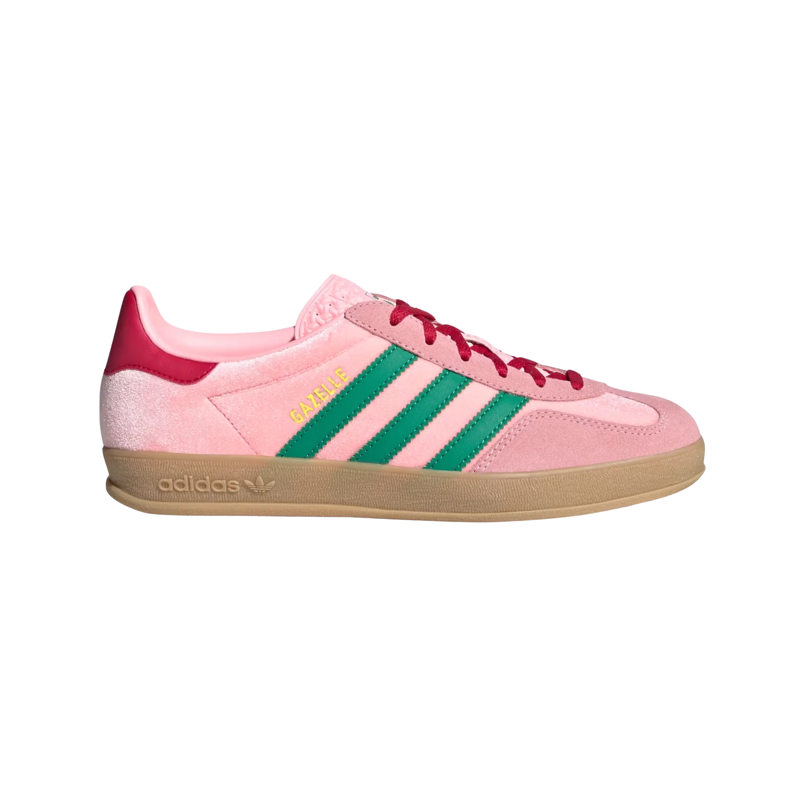Adidas Gazelle Indoor Glow Pink – vue latérale des baskets rétro en velours rose avec semelle gomme et bandes vertes