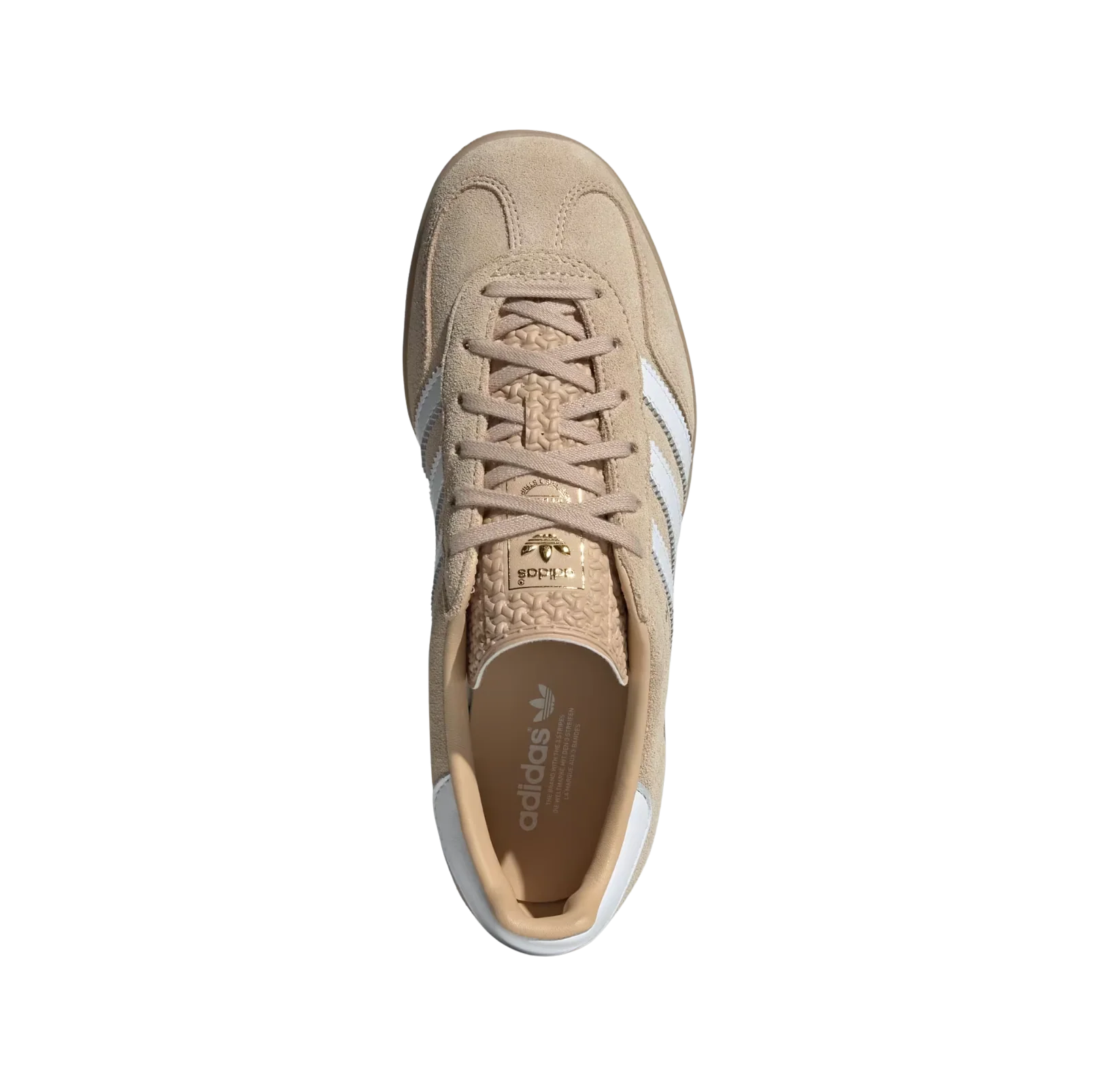 Adidas Gazelle Indoor Magic Beige – vue dessus des baskets rétro en suède beige avec semelle gomme et bandes blanches