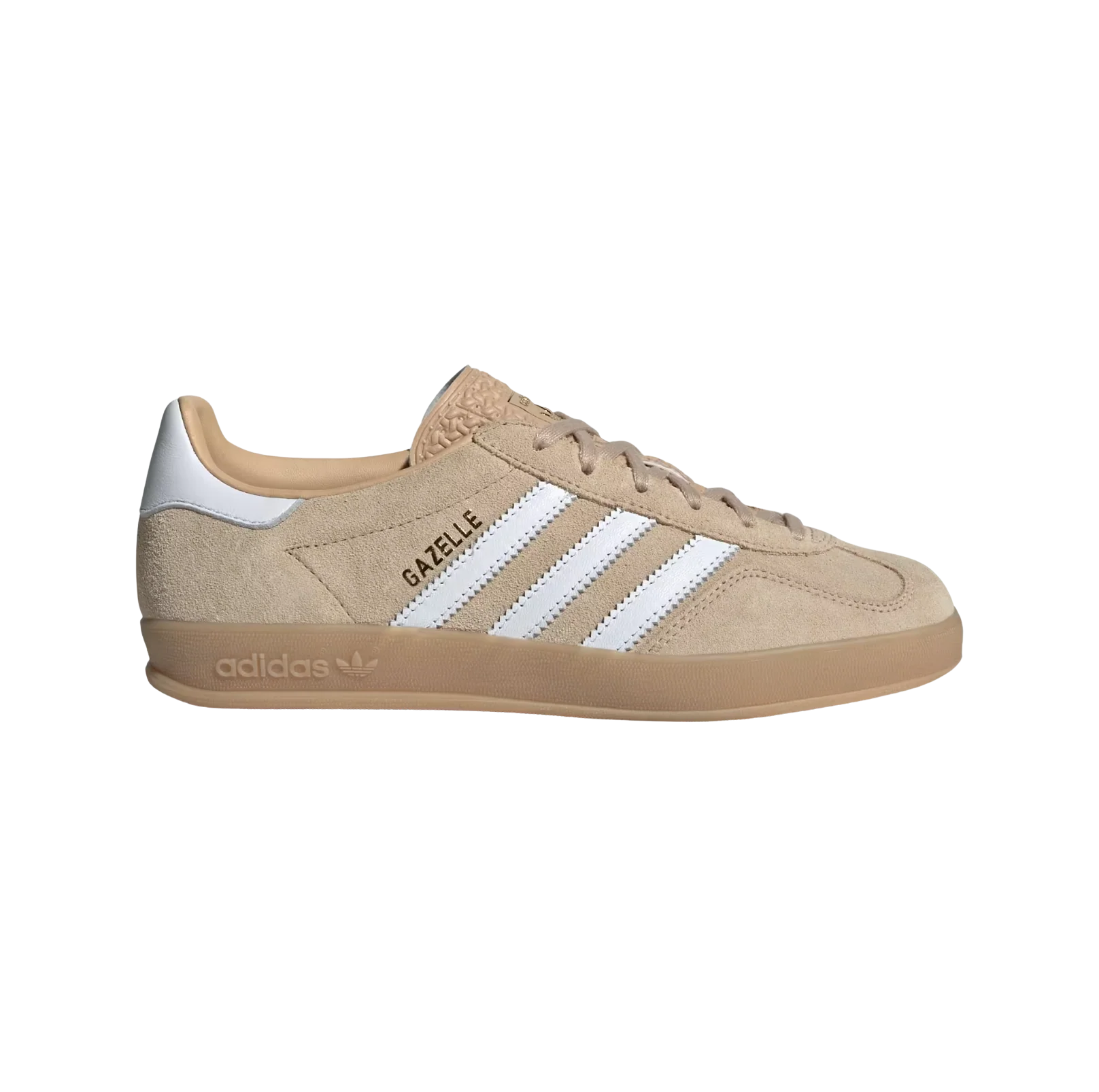Adidas Gazelle Indoor Magic Beige – vue latérale des baskets rétro en suède beige avec semelle gomme et bandes blanches