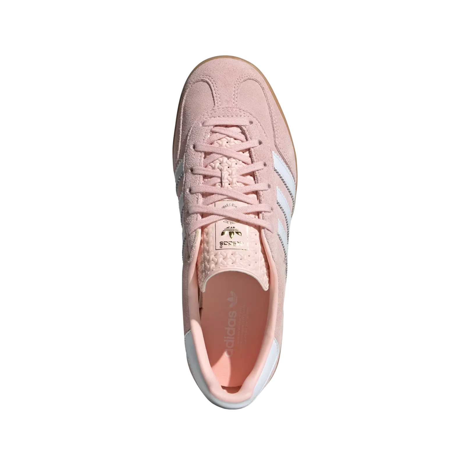 Adidas Gazelle Indoor Sandy Pink – vue dessus des baskets rétro en suède rose avec semelle gomme et bandes blanches