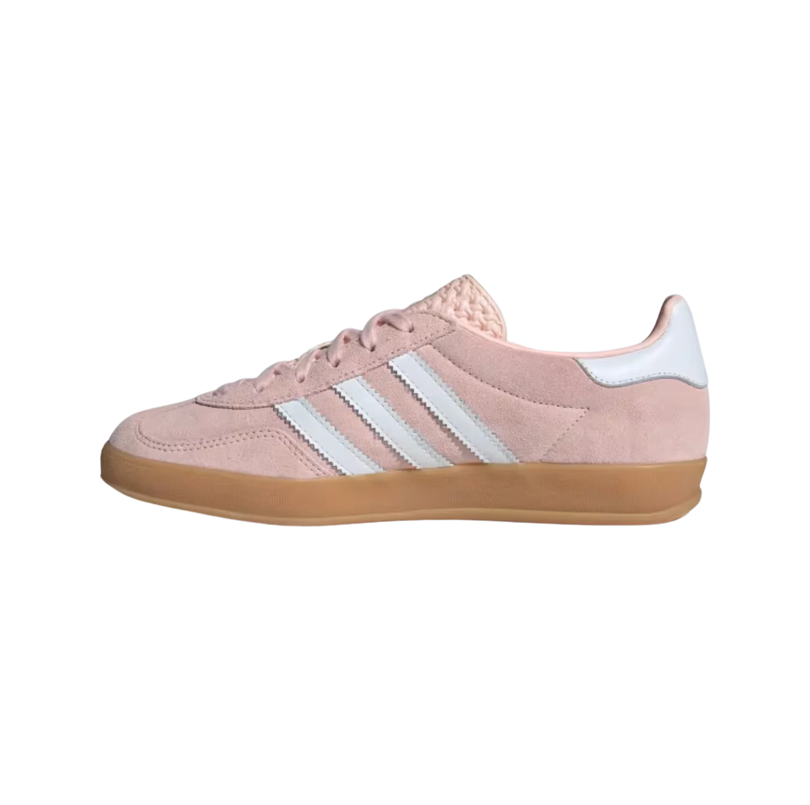 Adidas Gazelle Indoor Sandy Pink – vue latérale opposée des baskets rétro en suède rose avec semelle gomme et bandes blanches