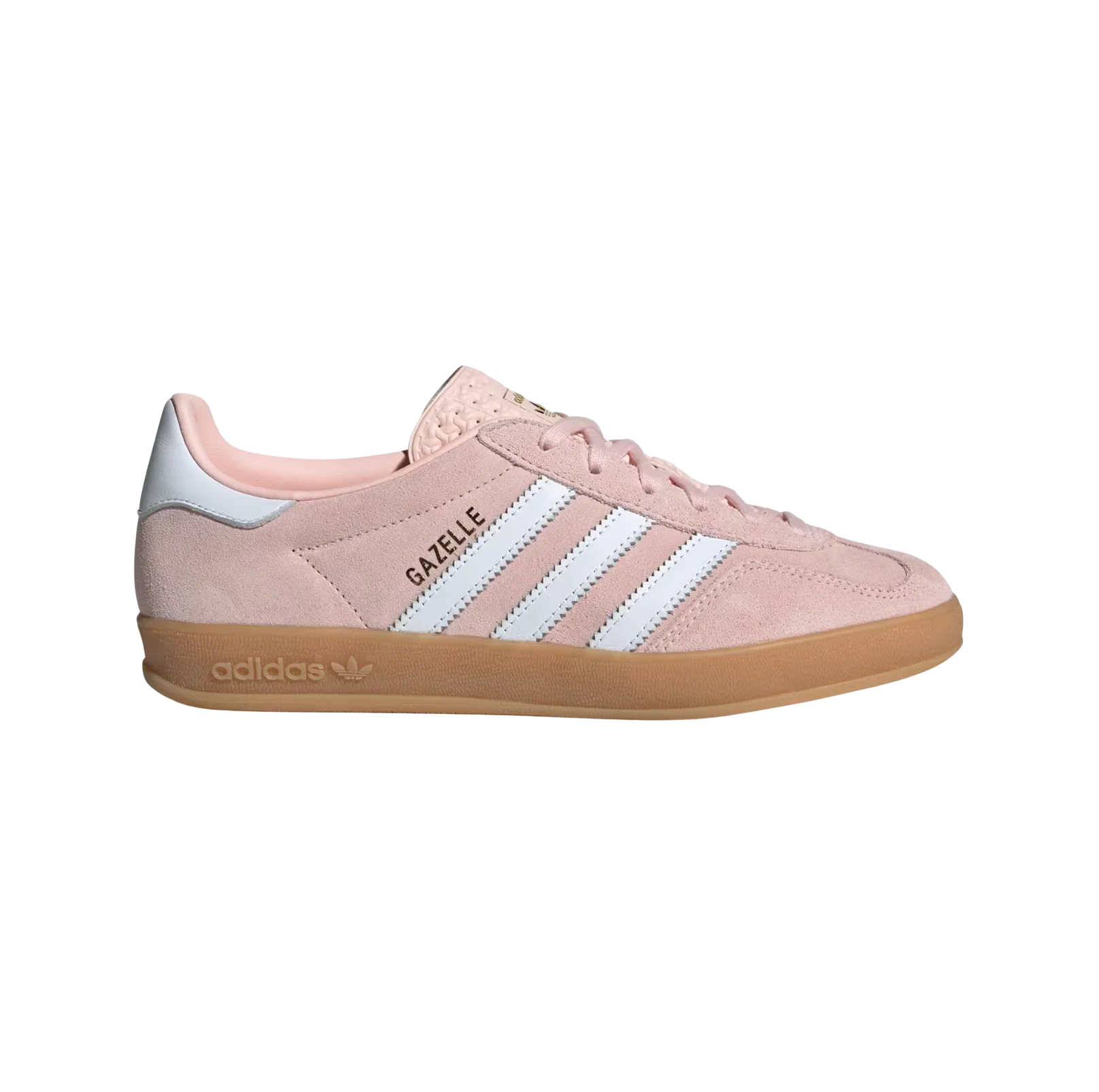 Adidas Gazelle Indoor Sandy Pink – vue latérale des baskets rétro en suède rose avec semelle gomme et bandes blanches