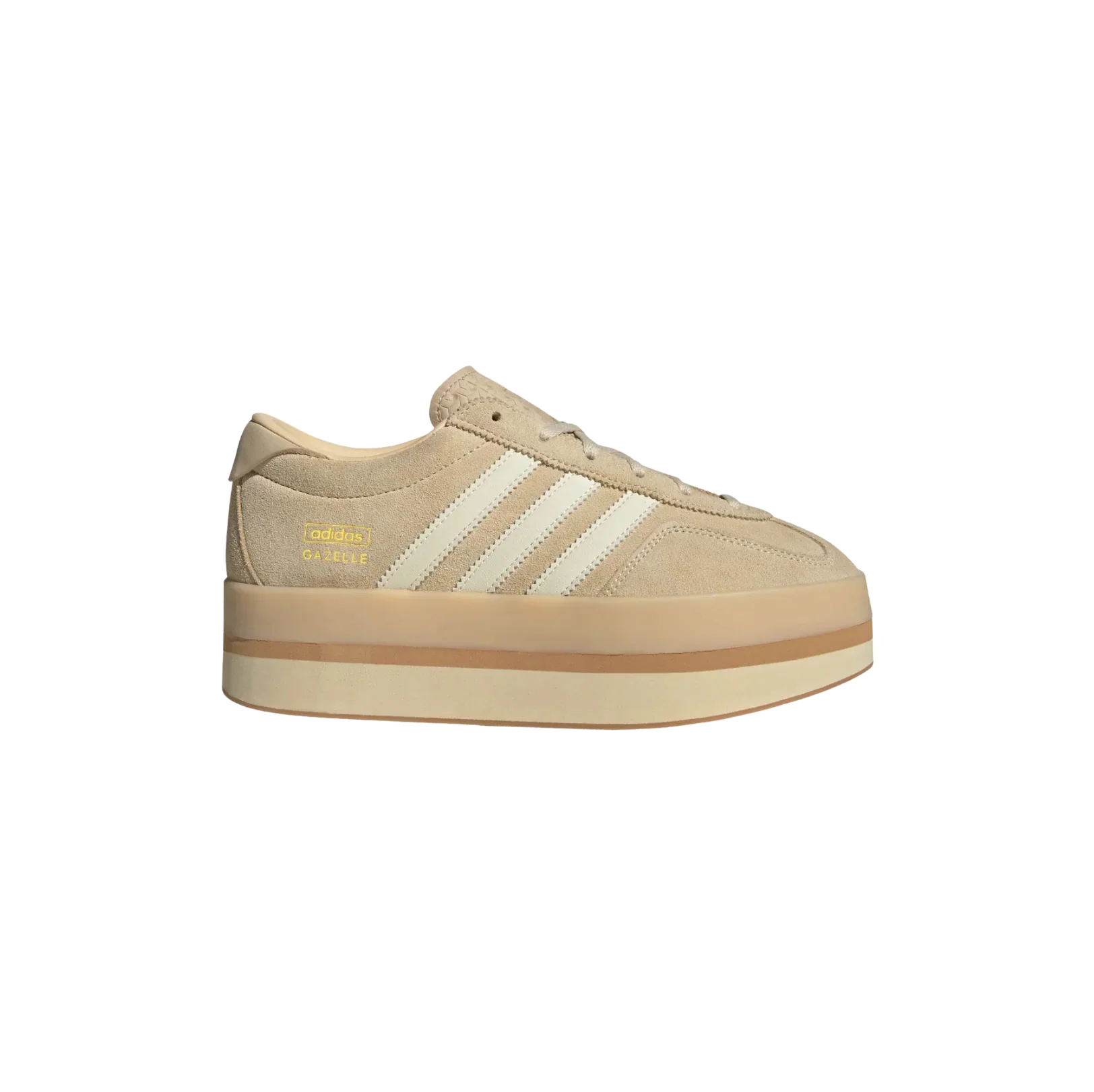 Adidas Gazelle Stack Sand Strata – vue latérale des baskets rétro en cuir avec semelle plateforme et bandes blanches