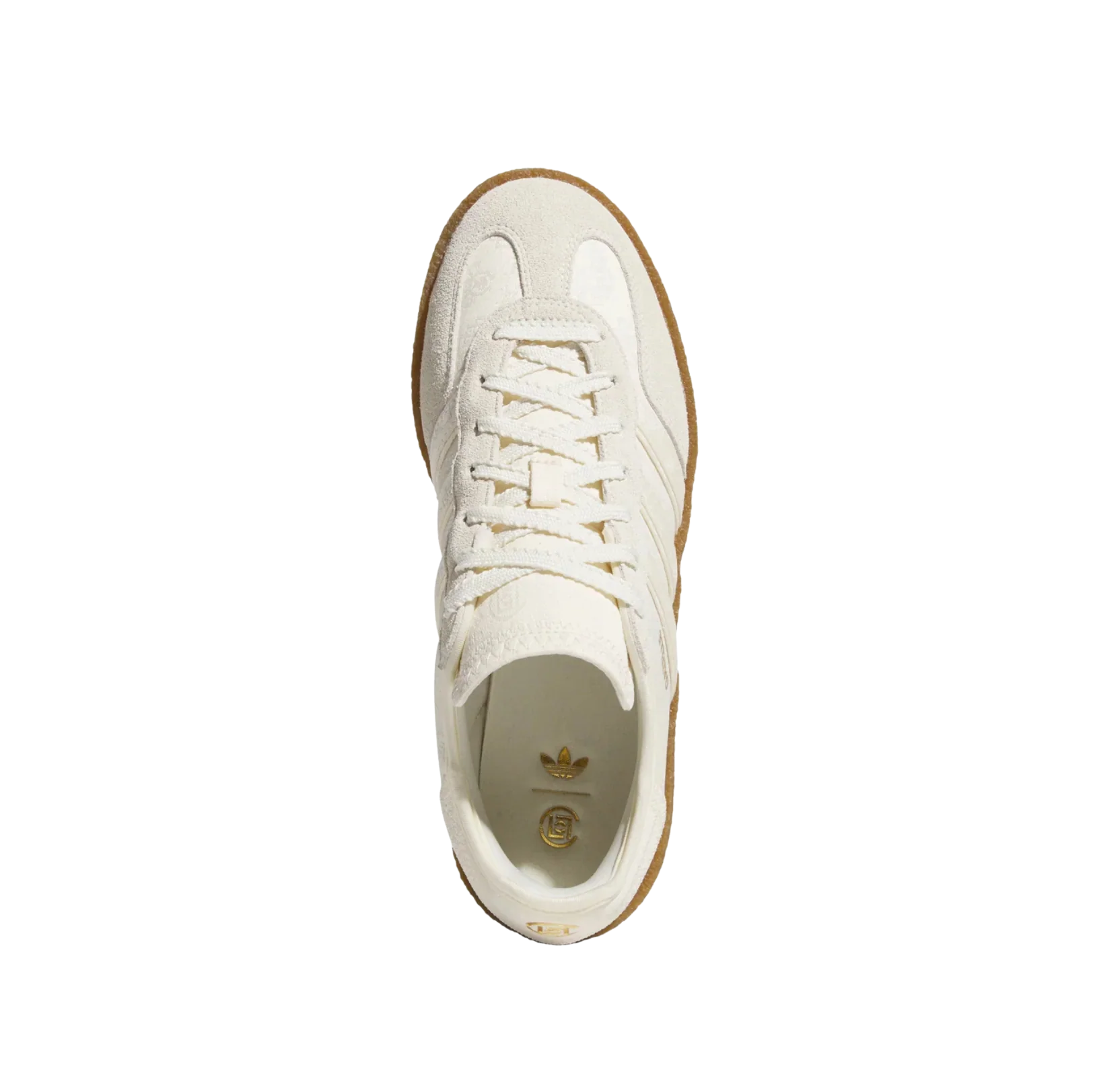 Adidas Gazelle x CLOT Cream White – vue dessus des baskets en satin jacquard avec semelle en crêpe gomme et finitions dorées