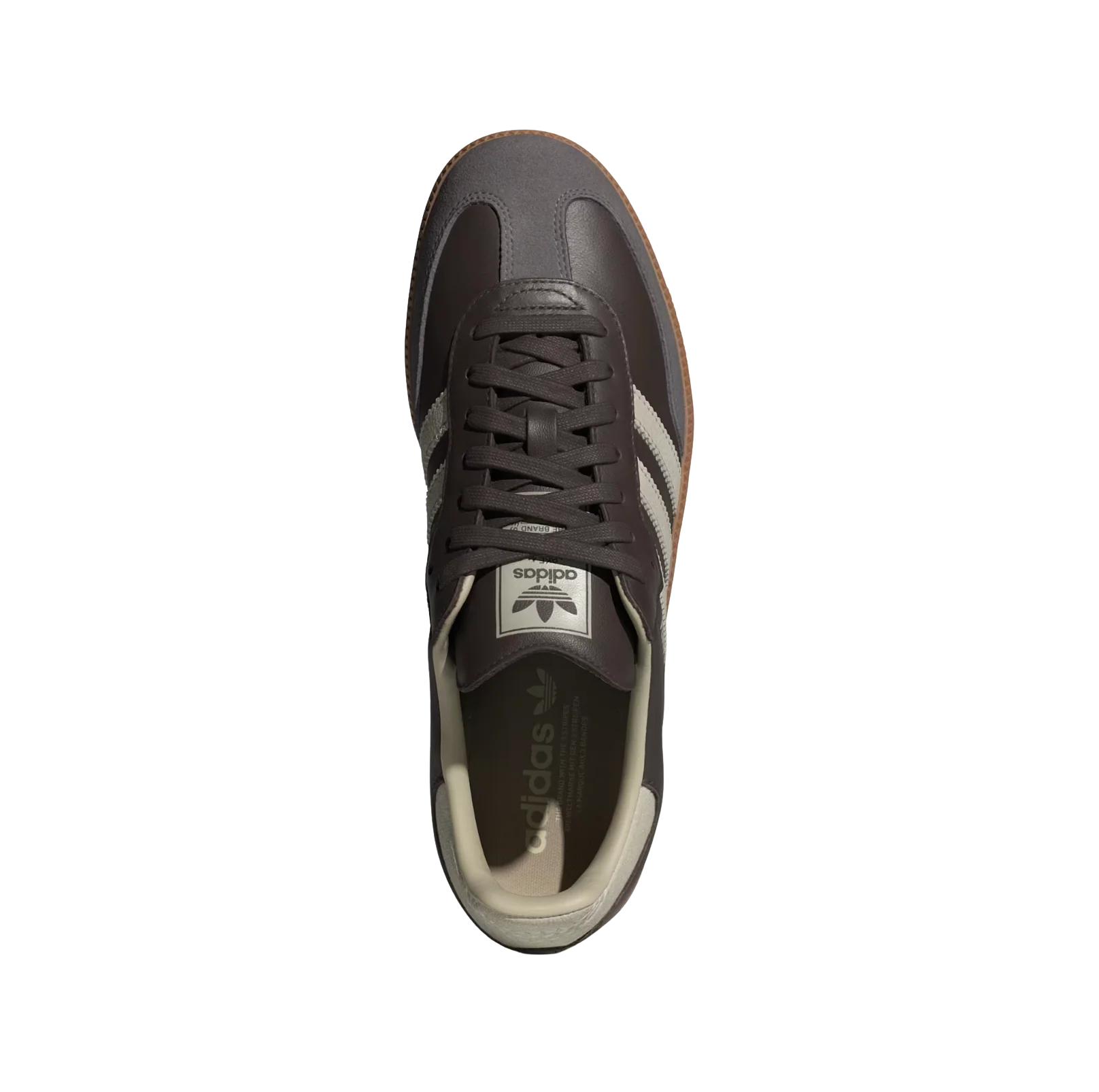 Adidas Samba OG Brown Putty – vue dessus des baskets rétro en cuir et suède avec semelle gomme et bandes grises