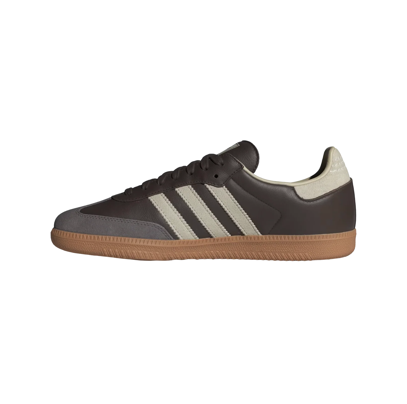 Adidas Samba OG Brown Putty – vue latérale opposée des baskets rétro en cuir et suède avec semelle gomme et bandes grises