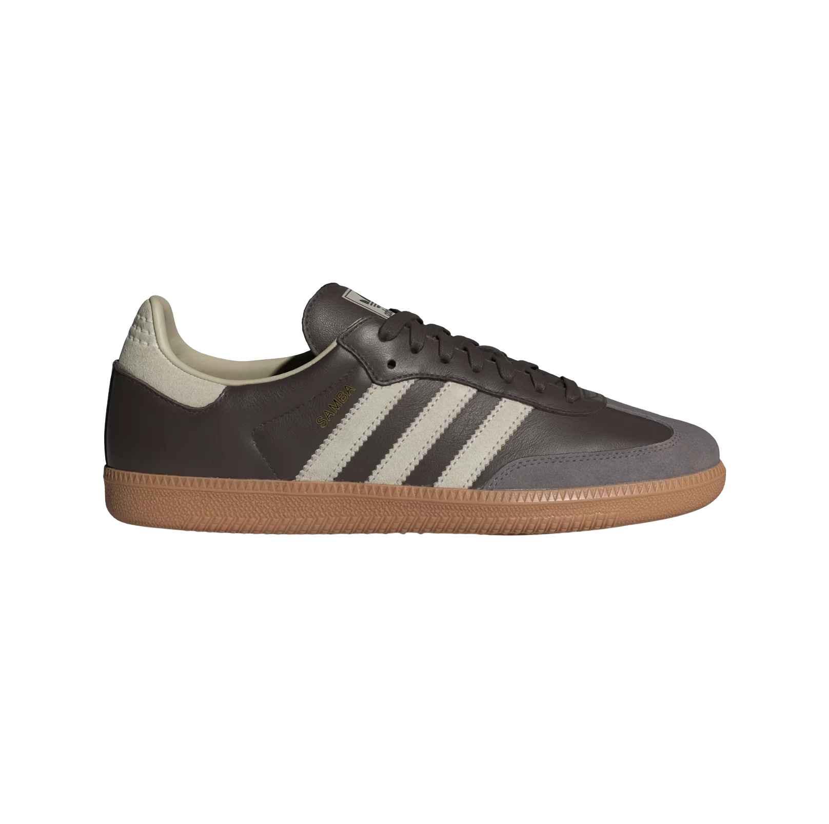 Adidas Samba OG Brown Putty – vue latérale des baskets rétro en cuir et suède avec semelle gomme et bandes grises