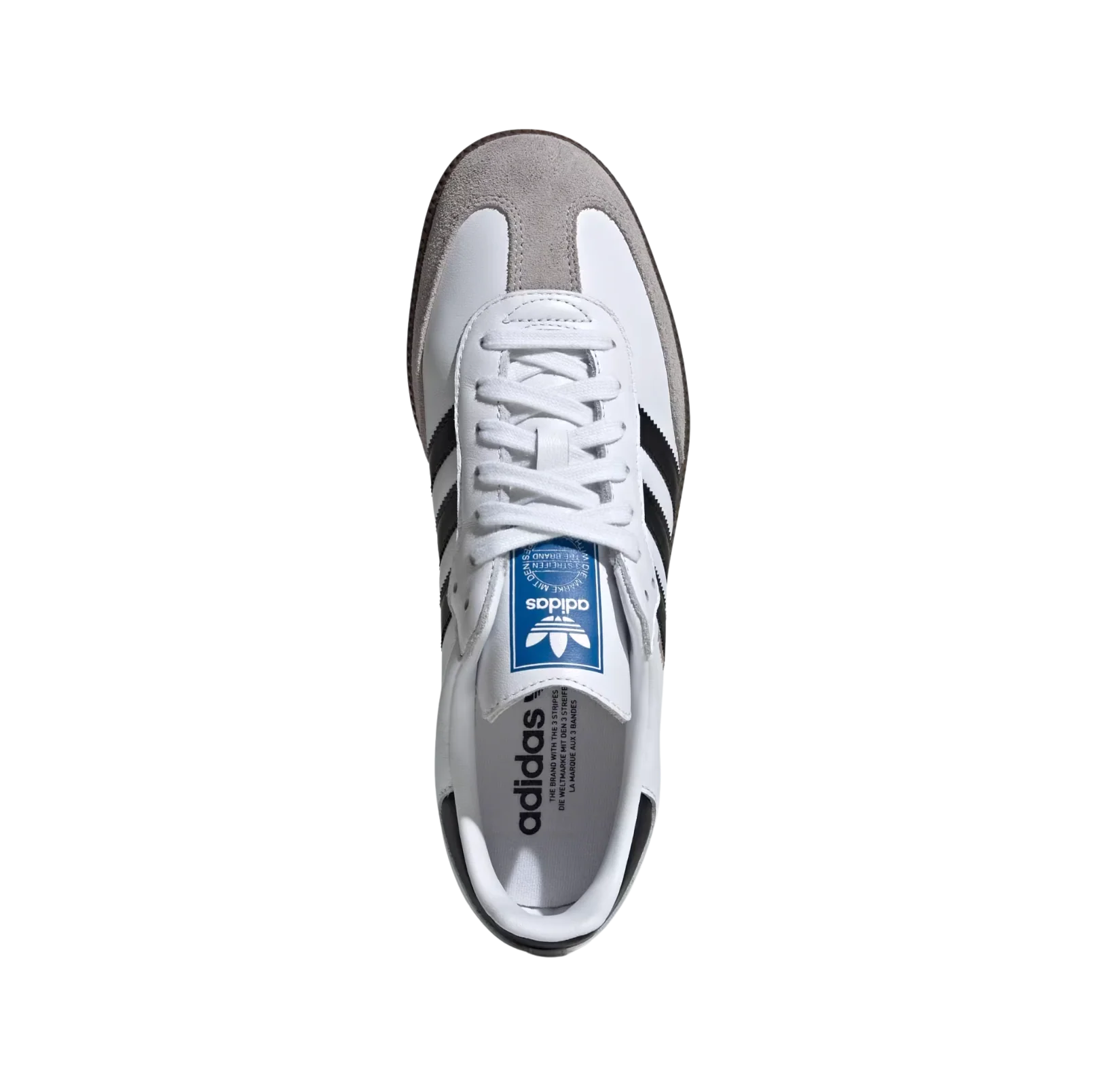 Adidas Samba OG Cloud White – vue dessus des baskets rétro en cuir et suède blanc avec semelle gomme et bandes noires
