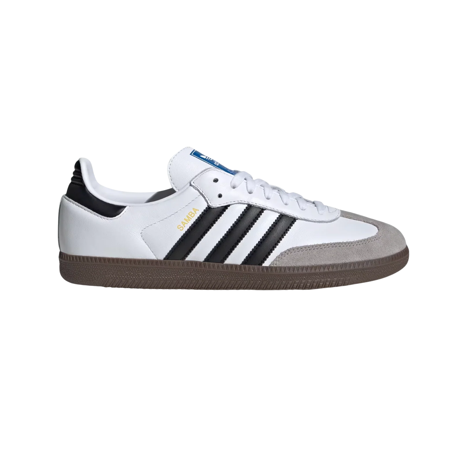 Adidas Samba OG Cloud White – vue latérale des baskets rétro en cuir et suède blanc avec semelle gomme et bandes noires