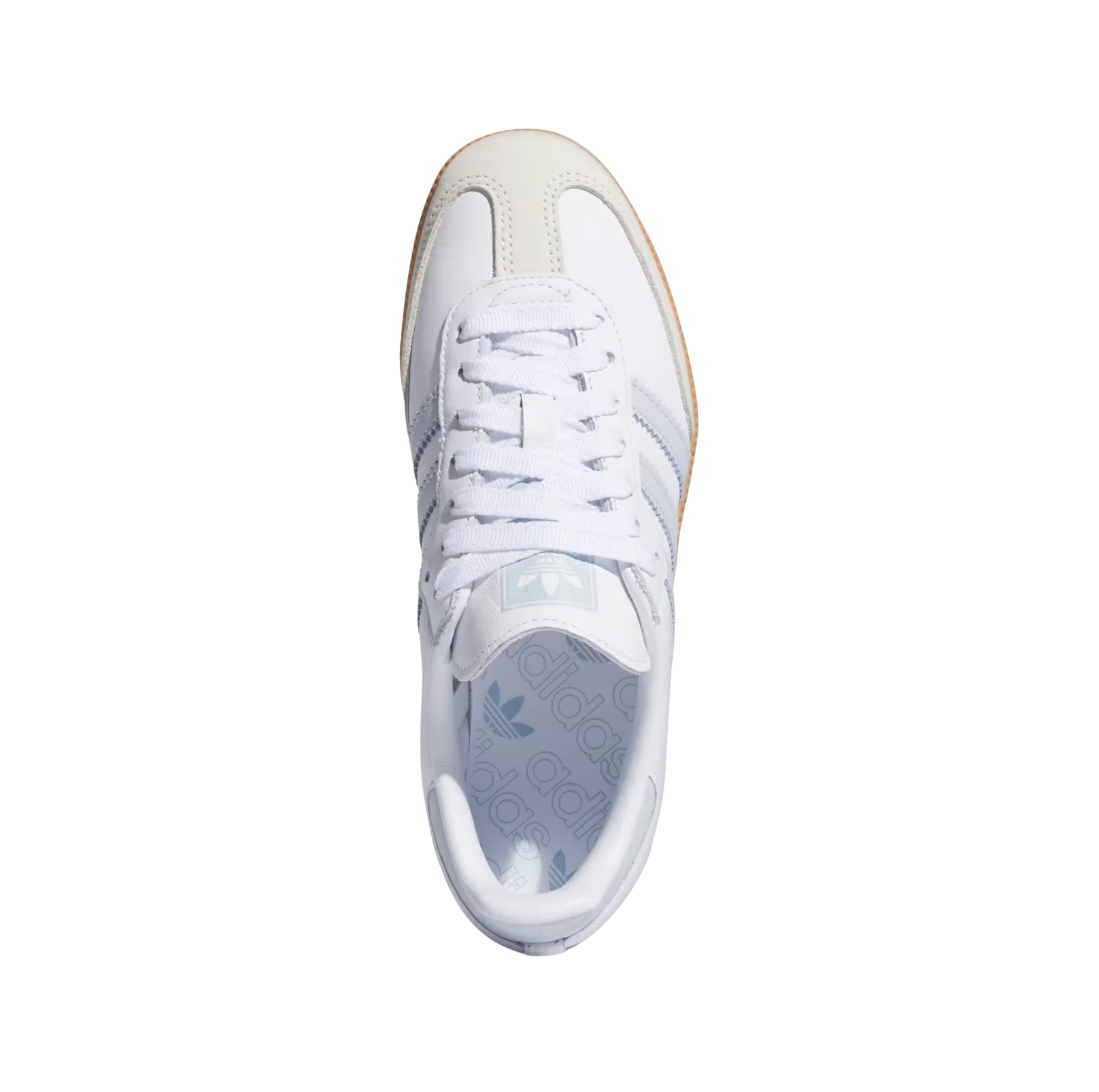 Adidas Samba OG Cloud White – vue dessus des baskets rétro en cuir avec semelle gomme et détails bleu clair