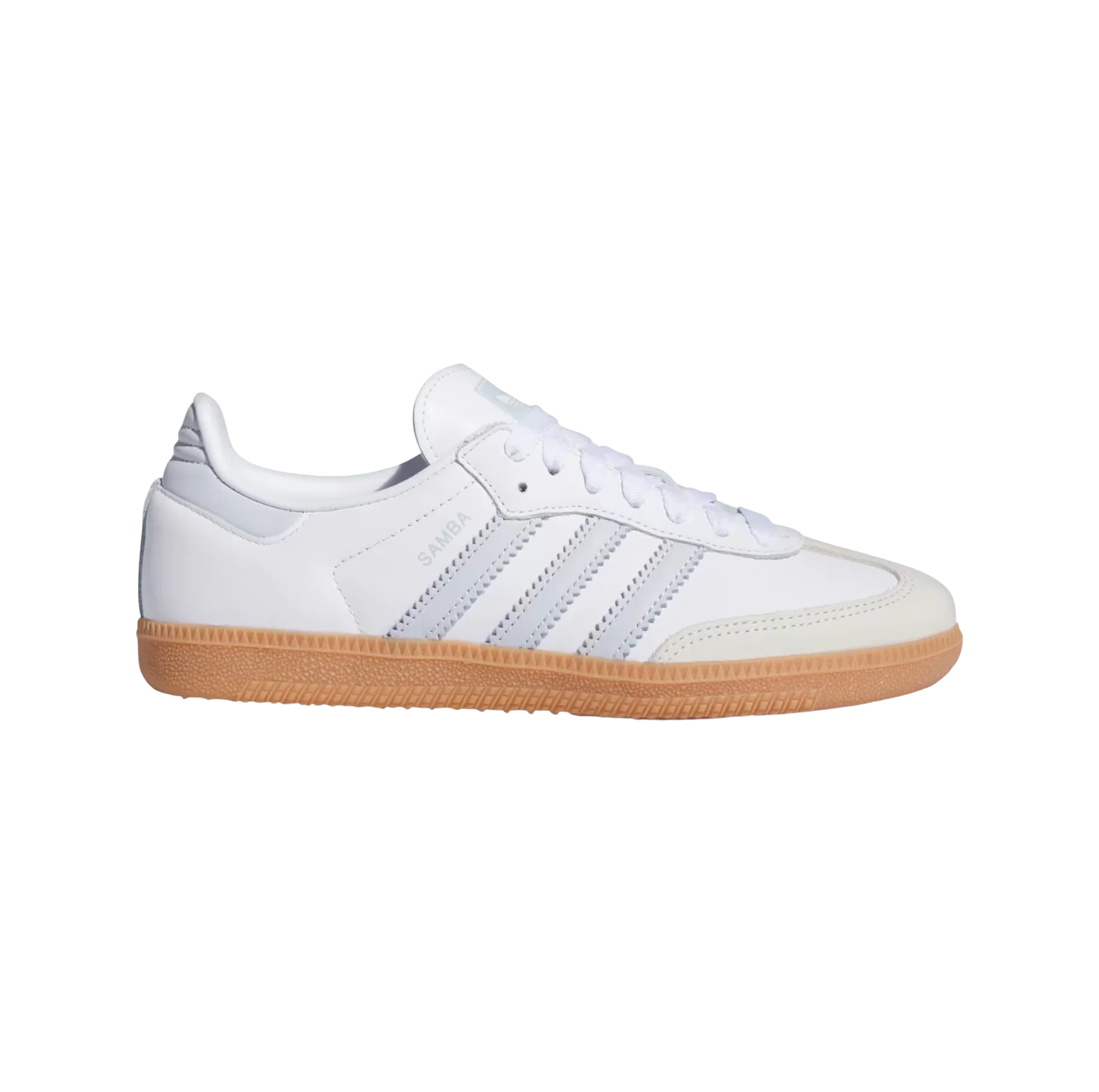 Adidas Samba OG Cloud White – vue latérale des baskets rétro en cuir avec semelle gomme et détails bleu clair