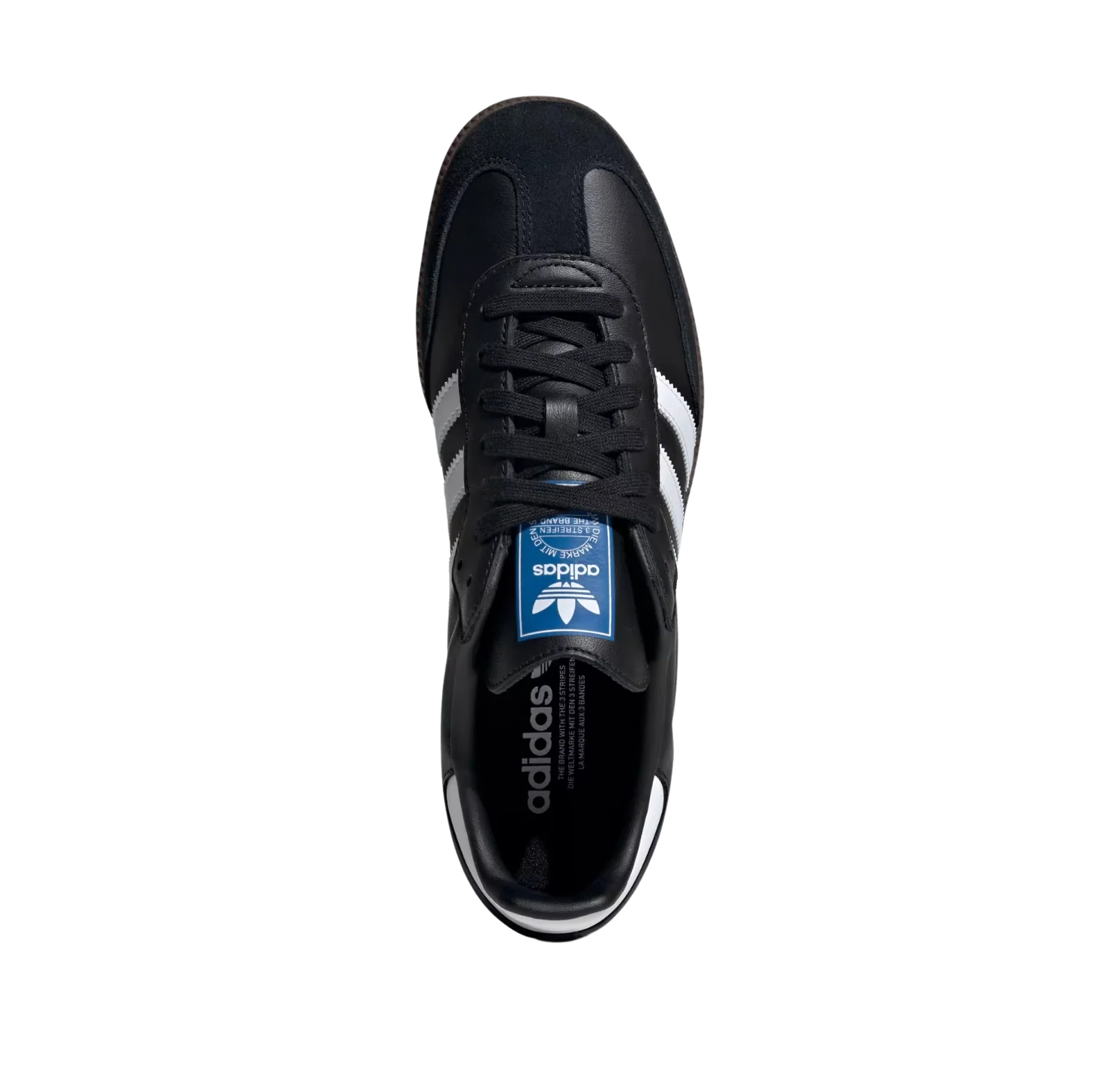 Adidas Samba OG Core Black – vue dessus des baskets rétro en cuir pleine fleur avec semelle gomme et bandes blanches