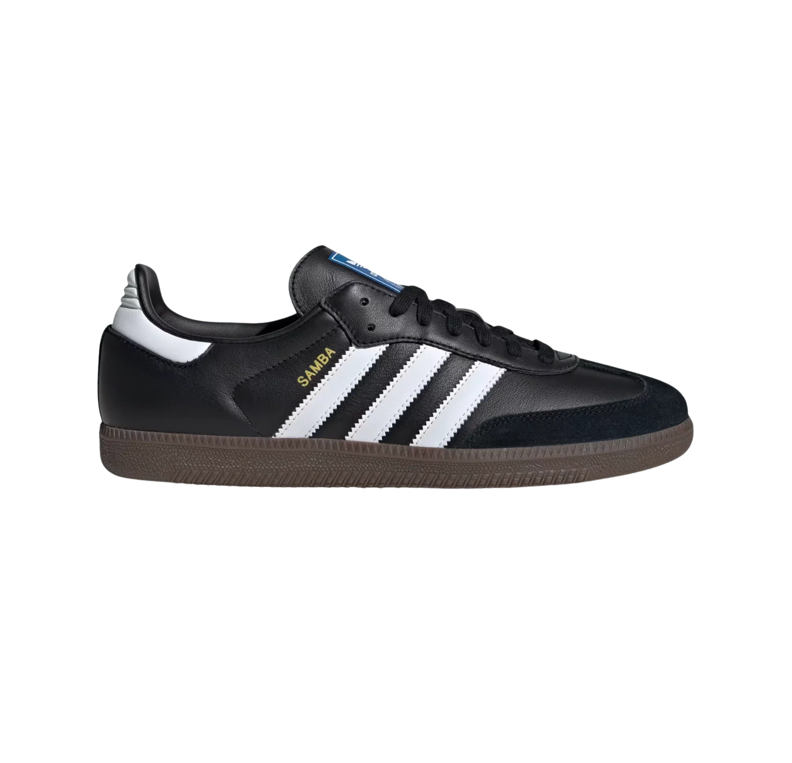 Adidas Samba OG Core Black – vue latérale des baskets rétro en cuir pleine fleur avec semelle gomme et bandes blanches