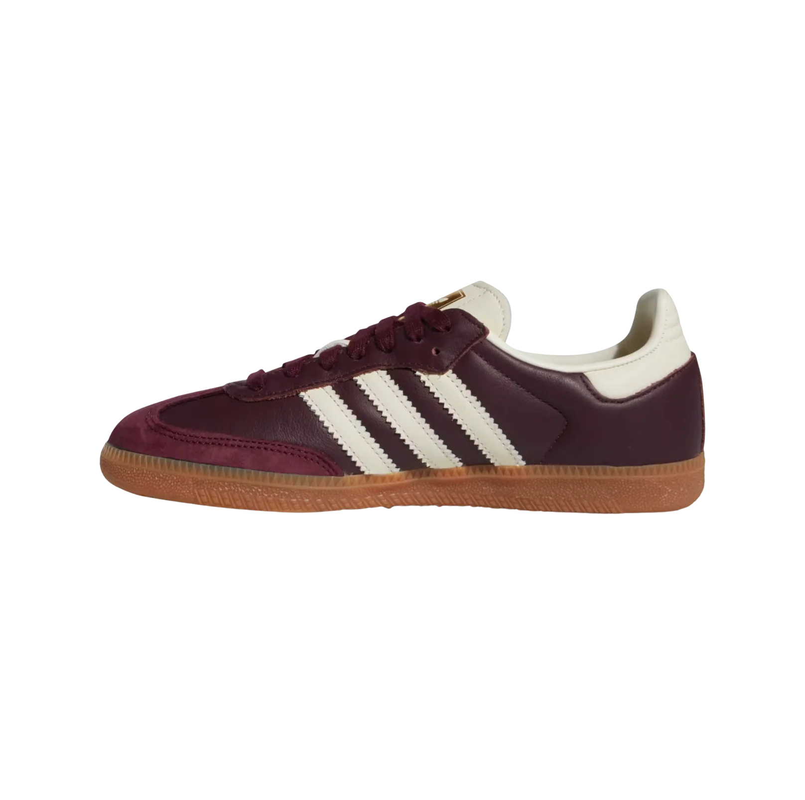 Adidas Samba OG Maroon – vue latérale opposée des baskets rétro en cuir suède avec semelle gomme et bandes crème
