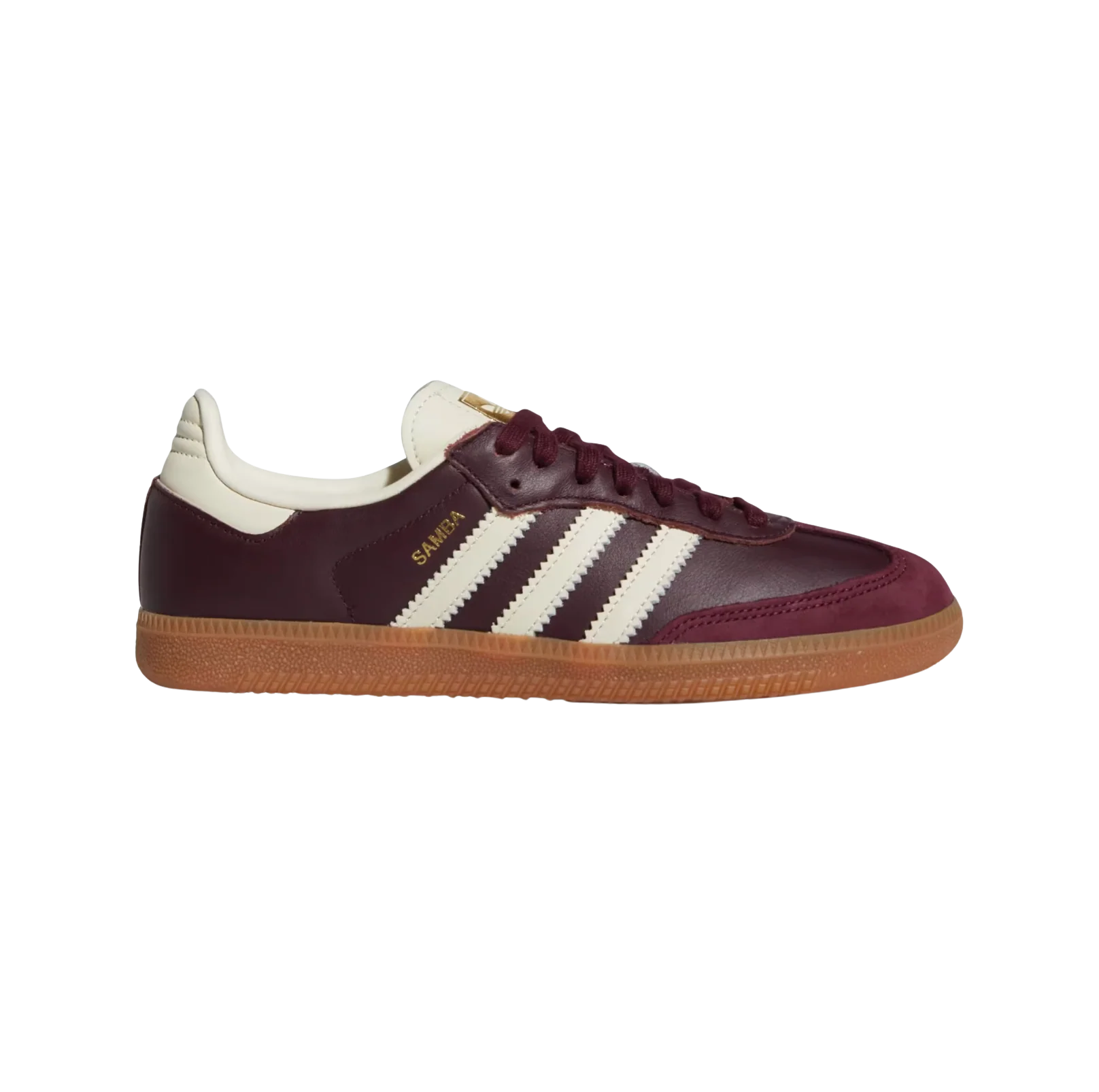 Adidas Samba OG Maroon – vue latérale des baskets rétro en cuir suède avec semelle gomme et bandes crème