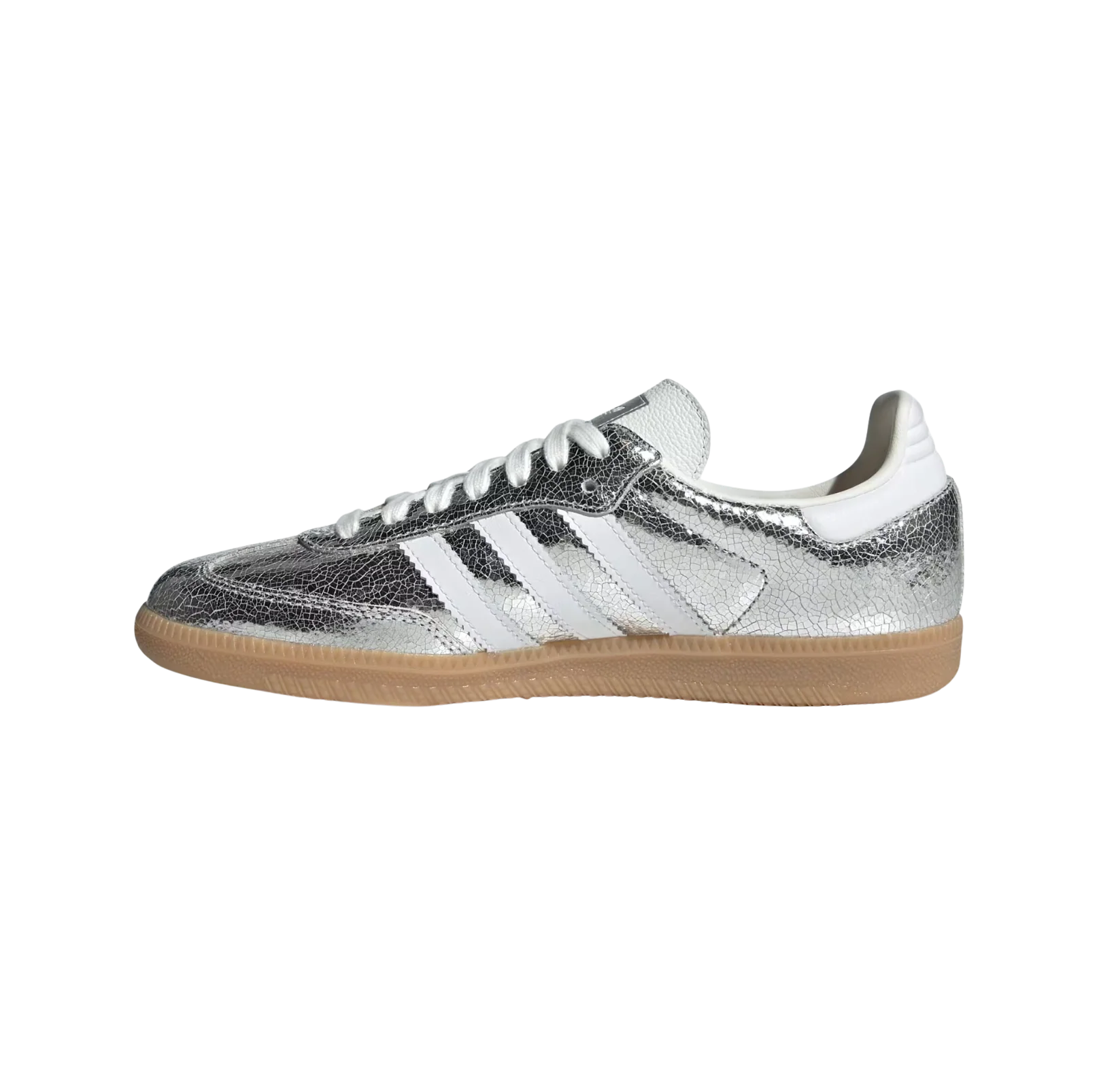 Adidas Samba OG Silver Metallic – vue latérale opposée des baskets rétro en cuir métallisé effet craquelé avec semelle gomme et bandes blanches