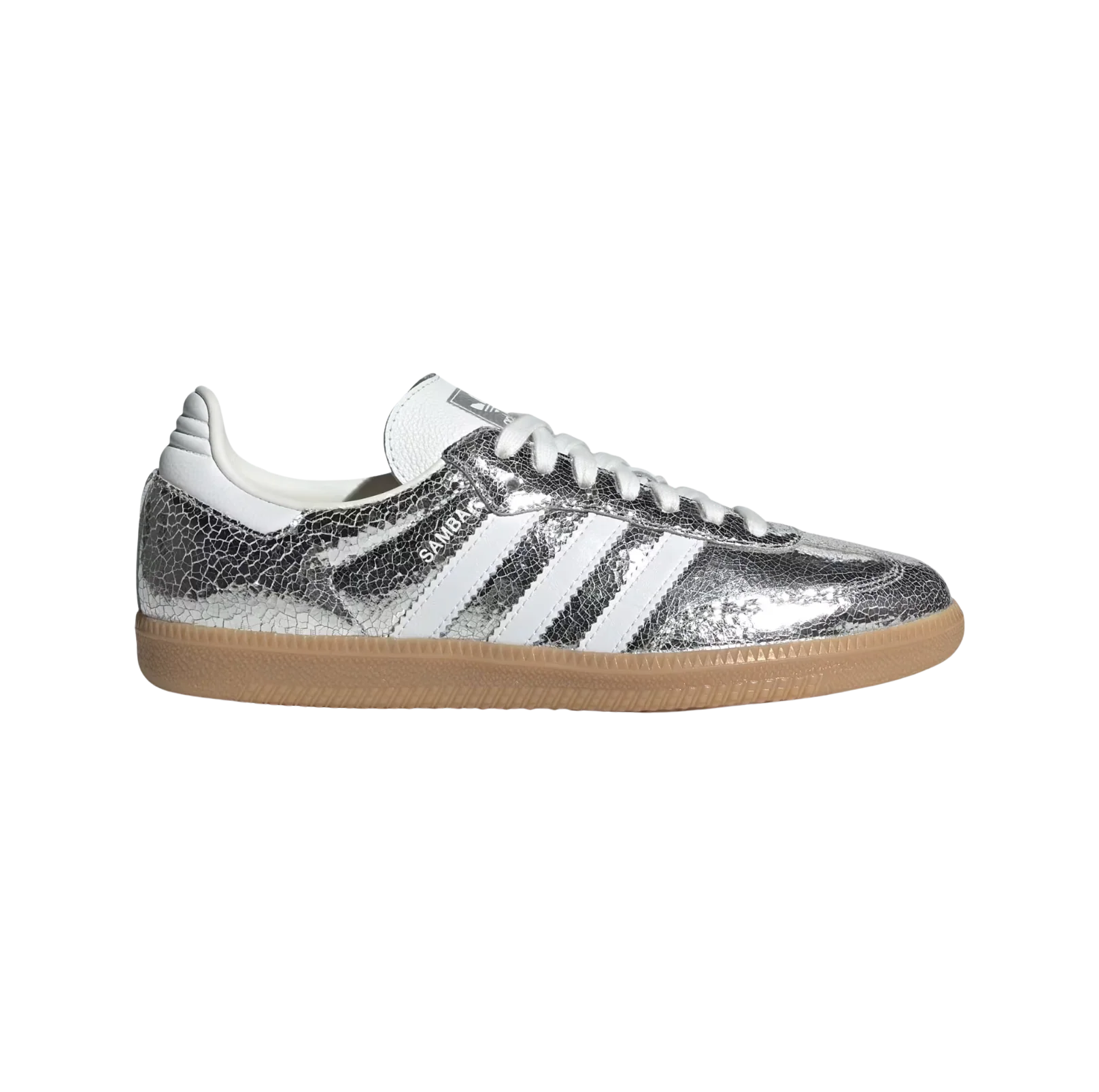 Adidas Samba OG Silver Metallic – vue latérale des baskets rétro en cuir métallisé effet craquelé avec semelle gomme et bandes blanches