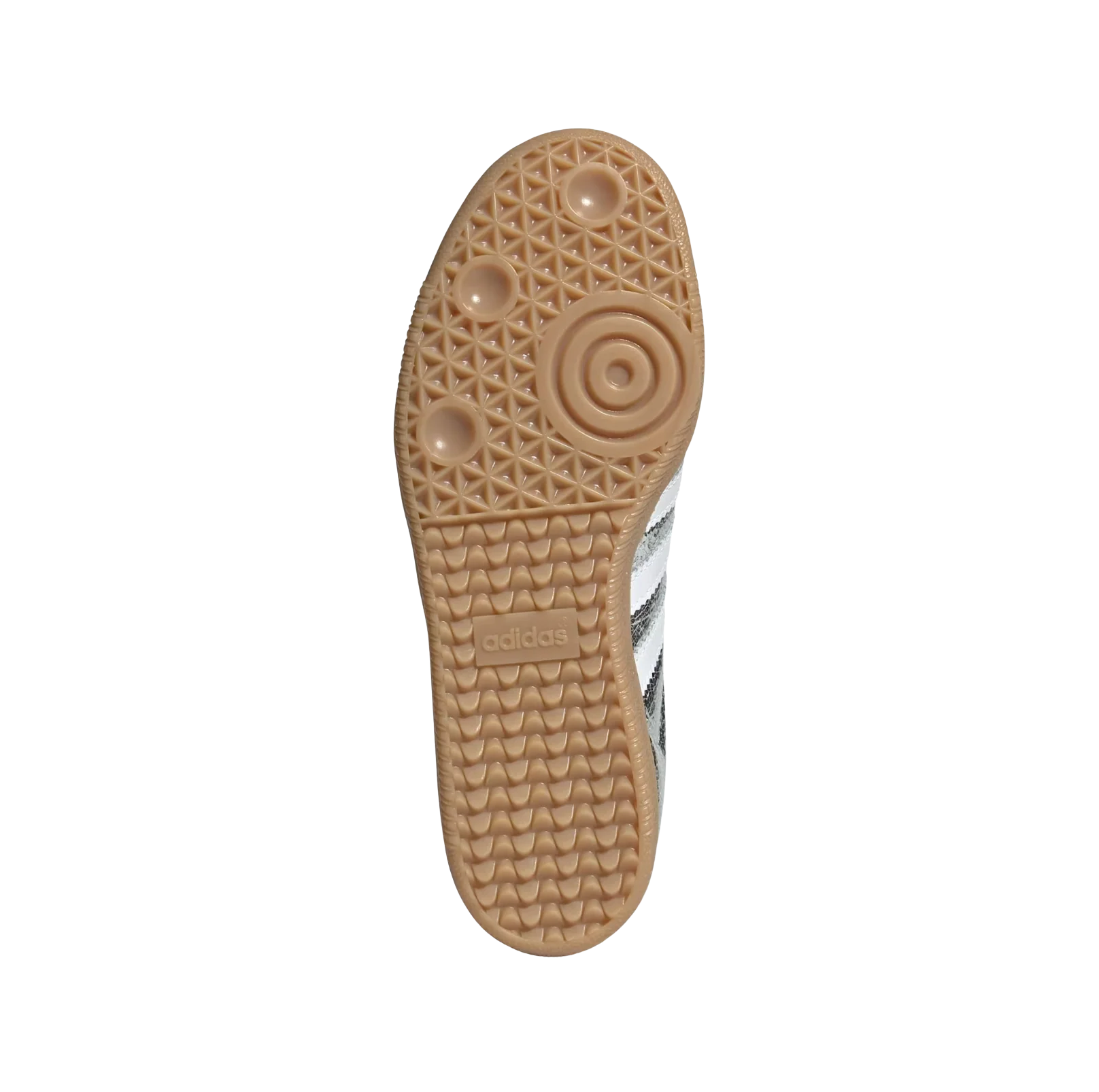 Adidas Samba OG Silver Metallic – vue semelle des baskets rétro en cuir métallisé effet craquelé avec semelle gomme et bandes blanches