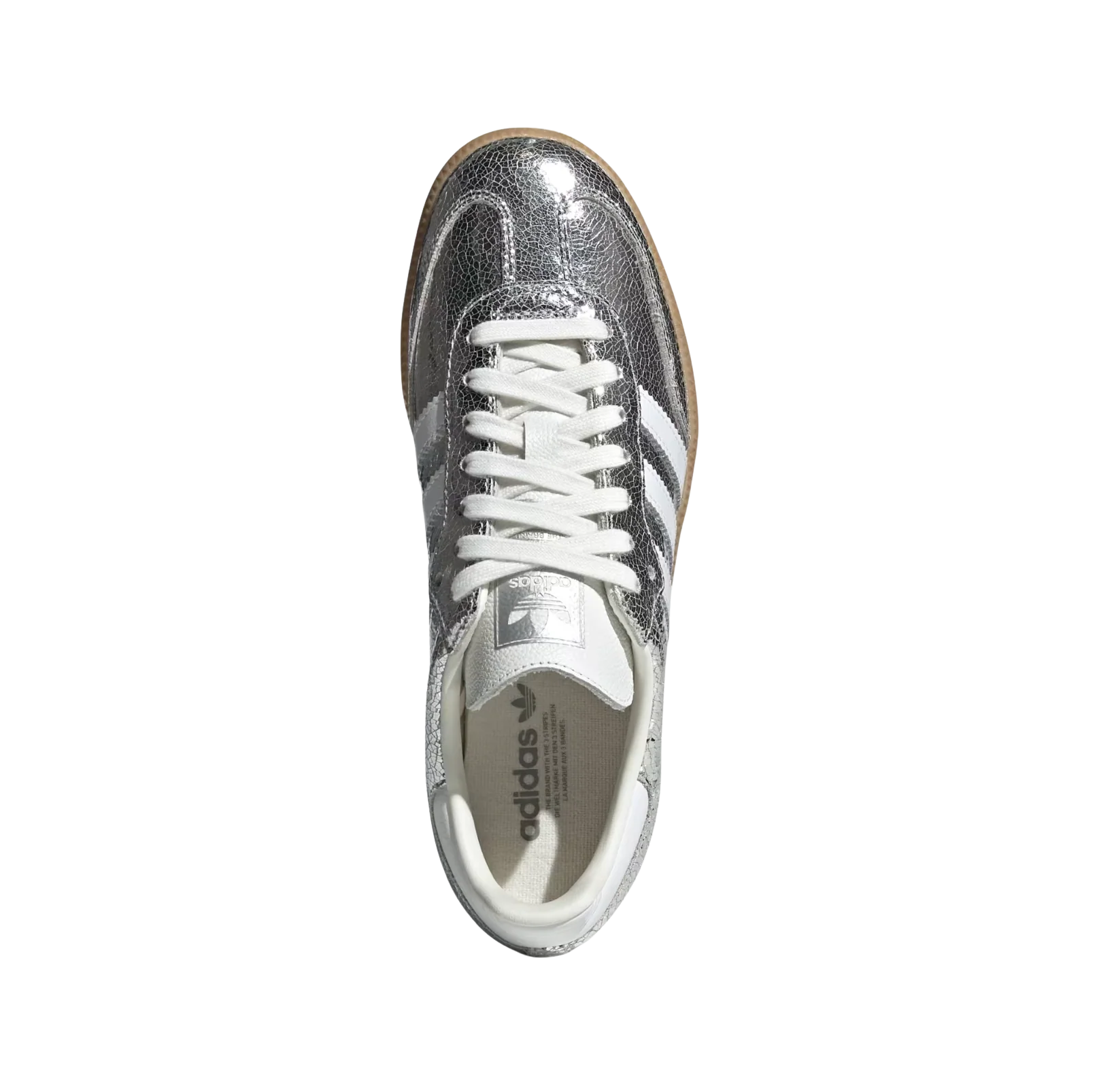 Adidas Samba OG Silver Metallic – vue latérale des baskets rétro en cuir métallisé effet craquelé avec semelle gomme et bandes blanches