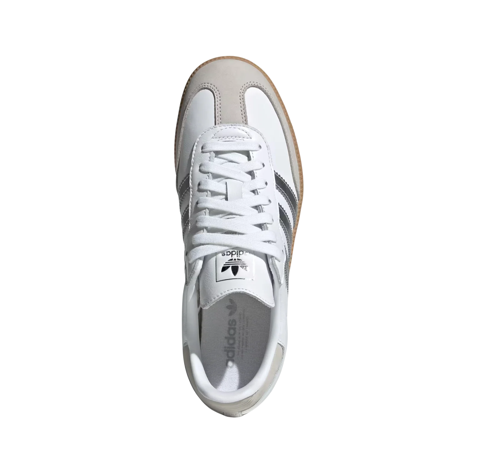 Adidas Samba OG White Silver – vue dessus des baskets rétro en cuir et suède blanc avec semelle gomme et détails argentés