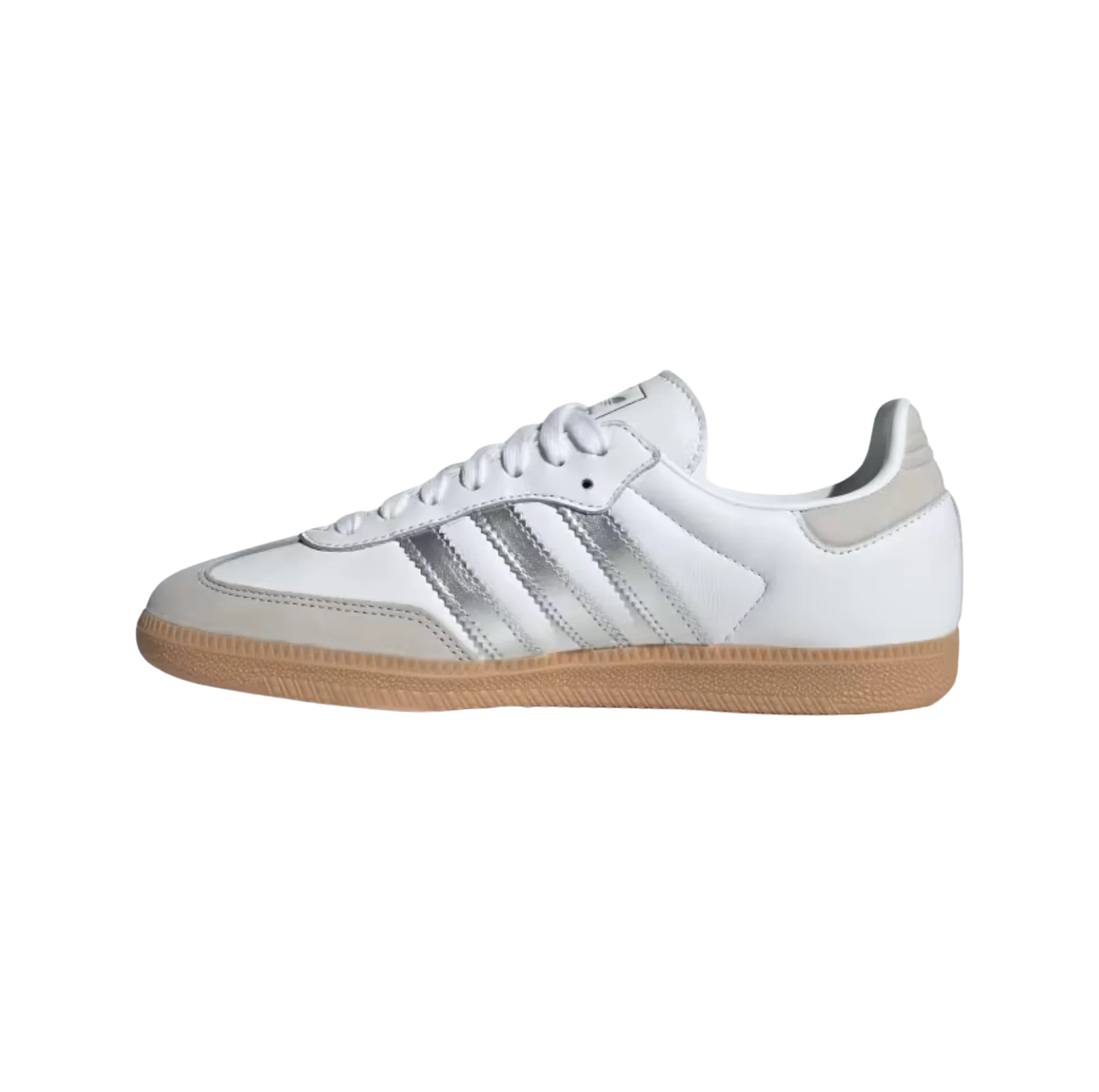 Adidas Samba OG White Silver – vue latérale opposée des baskets rétro en cuir et suède blanc avec semelle gomme et détails argentés